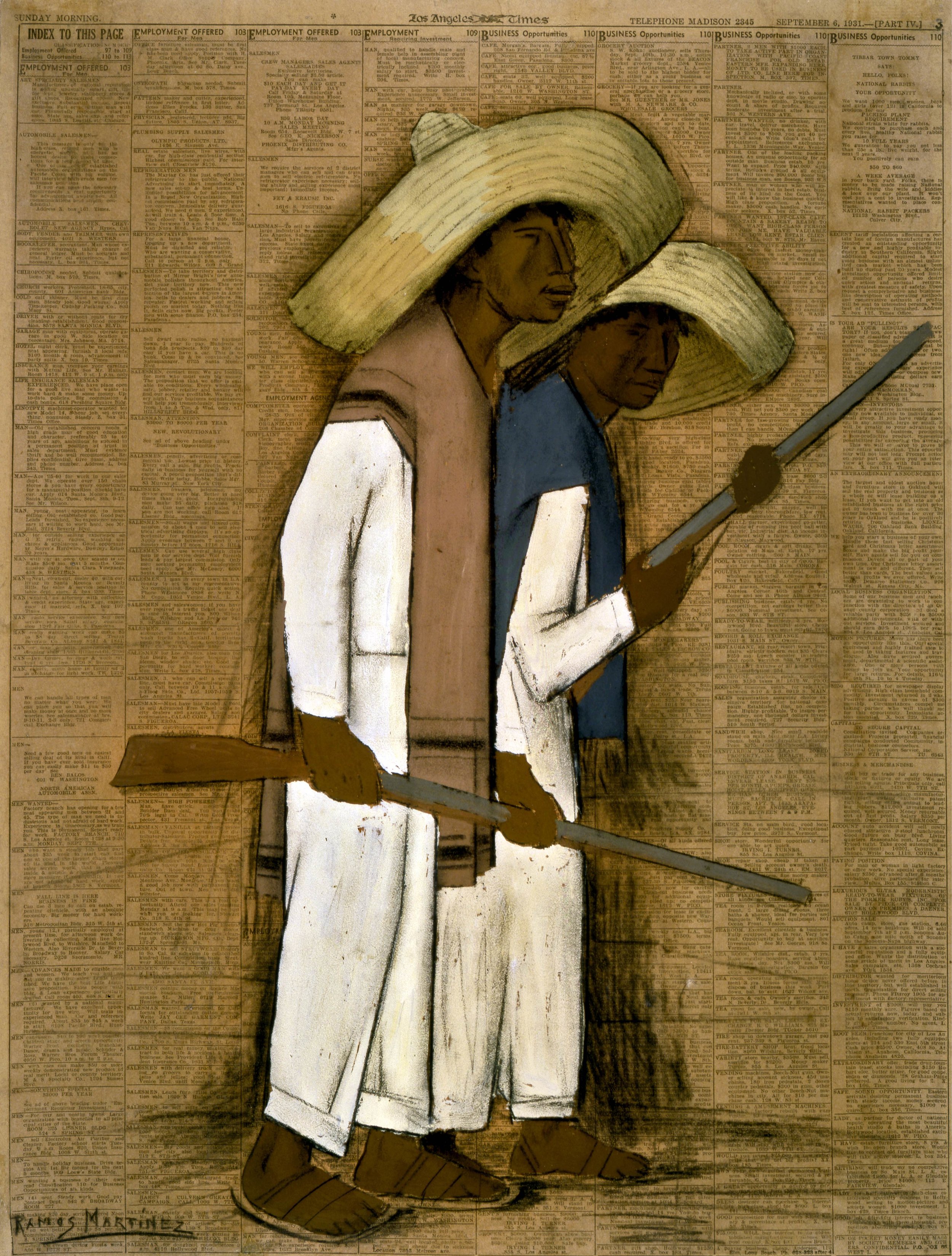 Dos Hombres con Fusiles / Two Men with Rifles 1931 gouache on newsprint / aquada sobre papel periódico ( Los Angeles Times , September 6, 1931) 21.8 x 16.3 inches; 55.3 x 41.3 centímetros