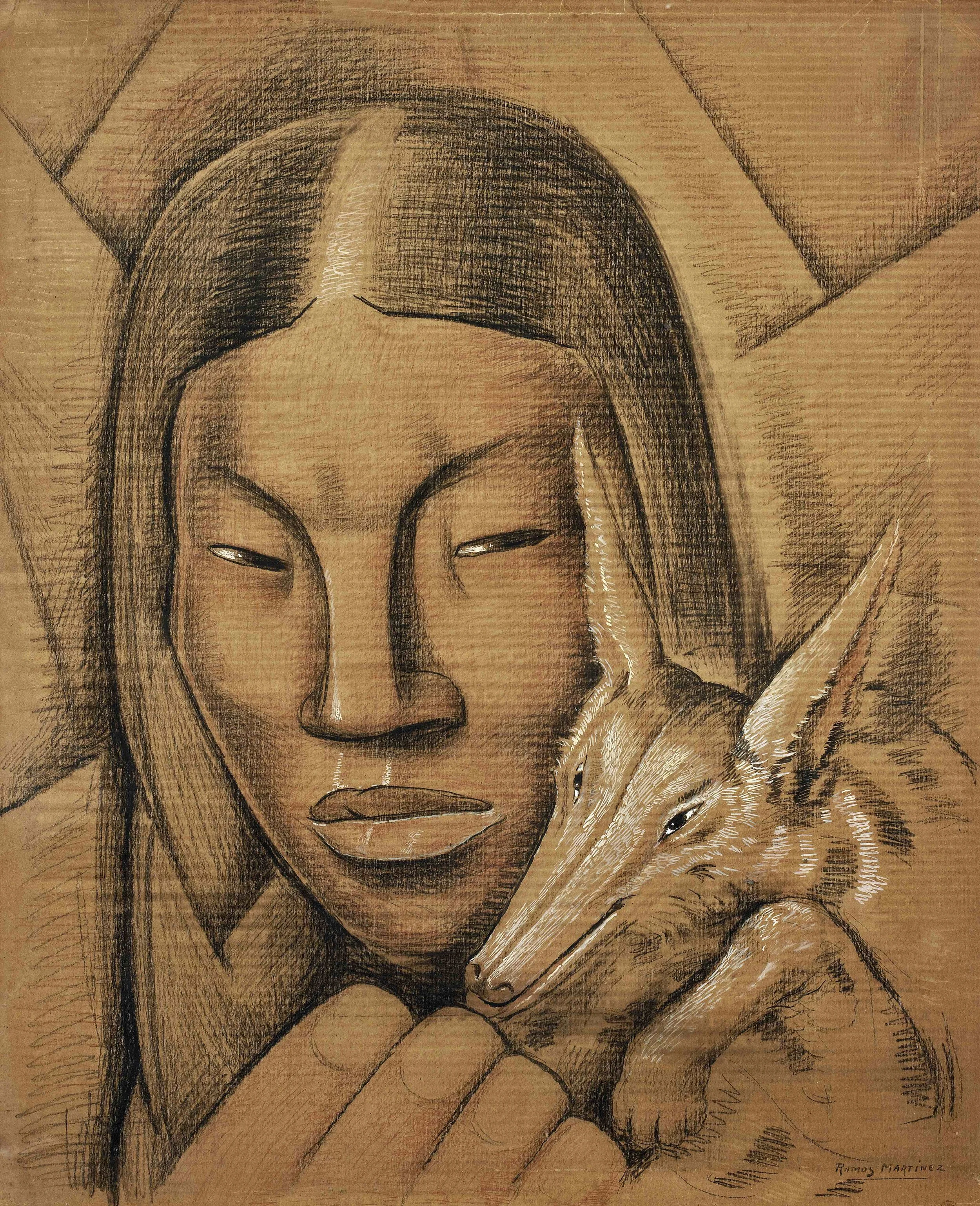 La India Cacomixtle / Indian Woman with Cacomixtle ca. 1938 Conté crayon, tempera and charcoal on corrugated cardboard / crayon Conté, temple y carbón sobre papel cartón ondulado 42 x 34.5 inches / 106.7 x 87.6 centímetros Private collection