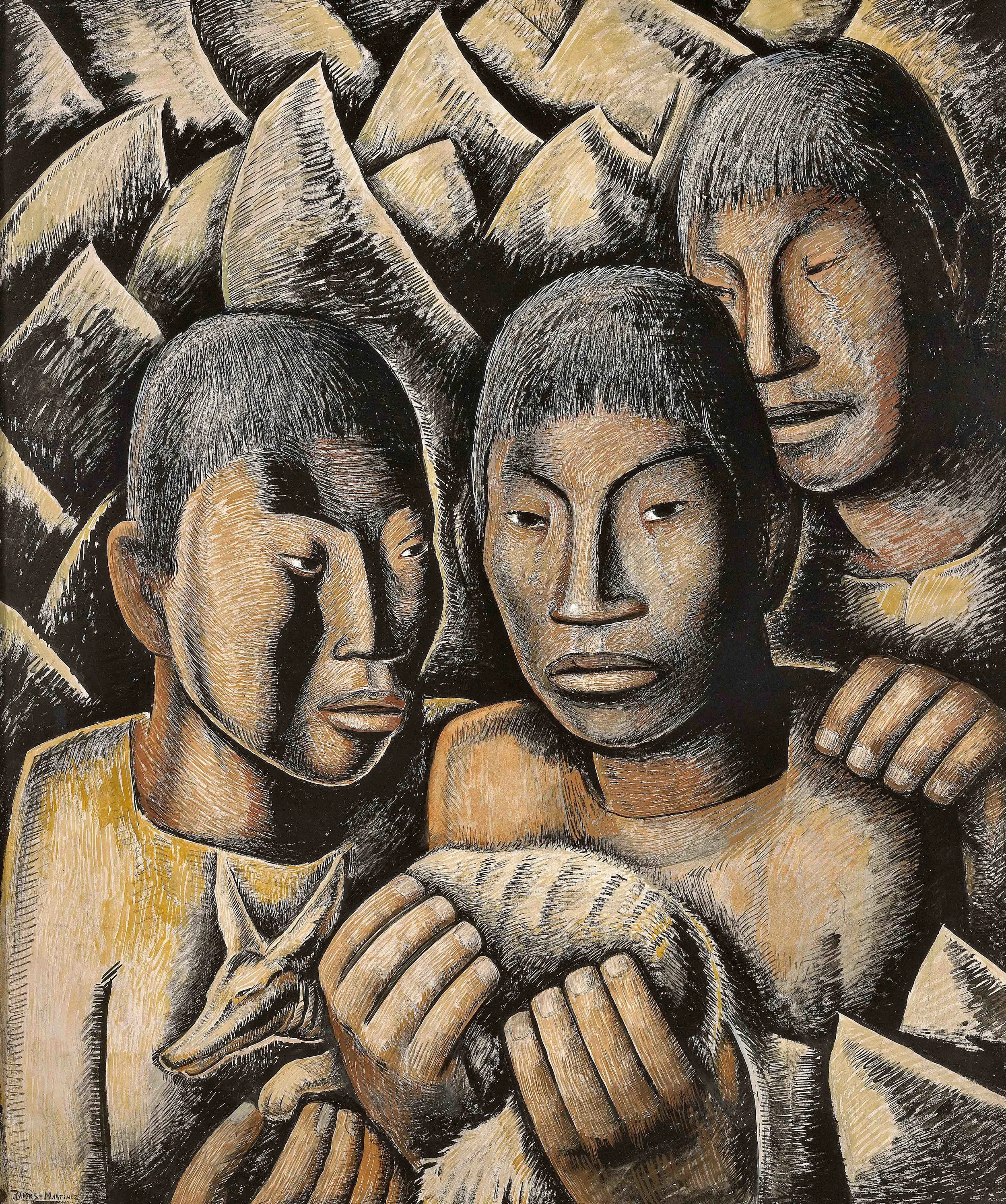 Indios con Cacomixtle (Padre e Hijos) / Indians with Cacomixtle (Father and Sons) ca. 1932 tempera, Conté crayon and charcoal on paper / temple, crayon Conté y carbón sobre papel 26.3 x 22 inches; 66.7 x 55.9 centímetros Private collection