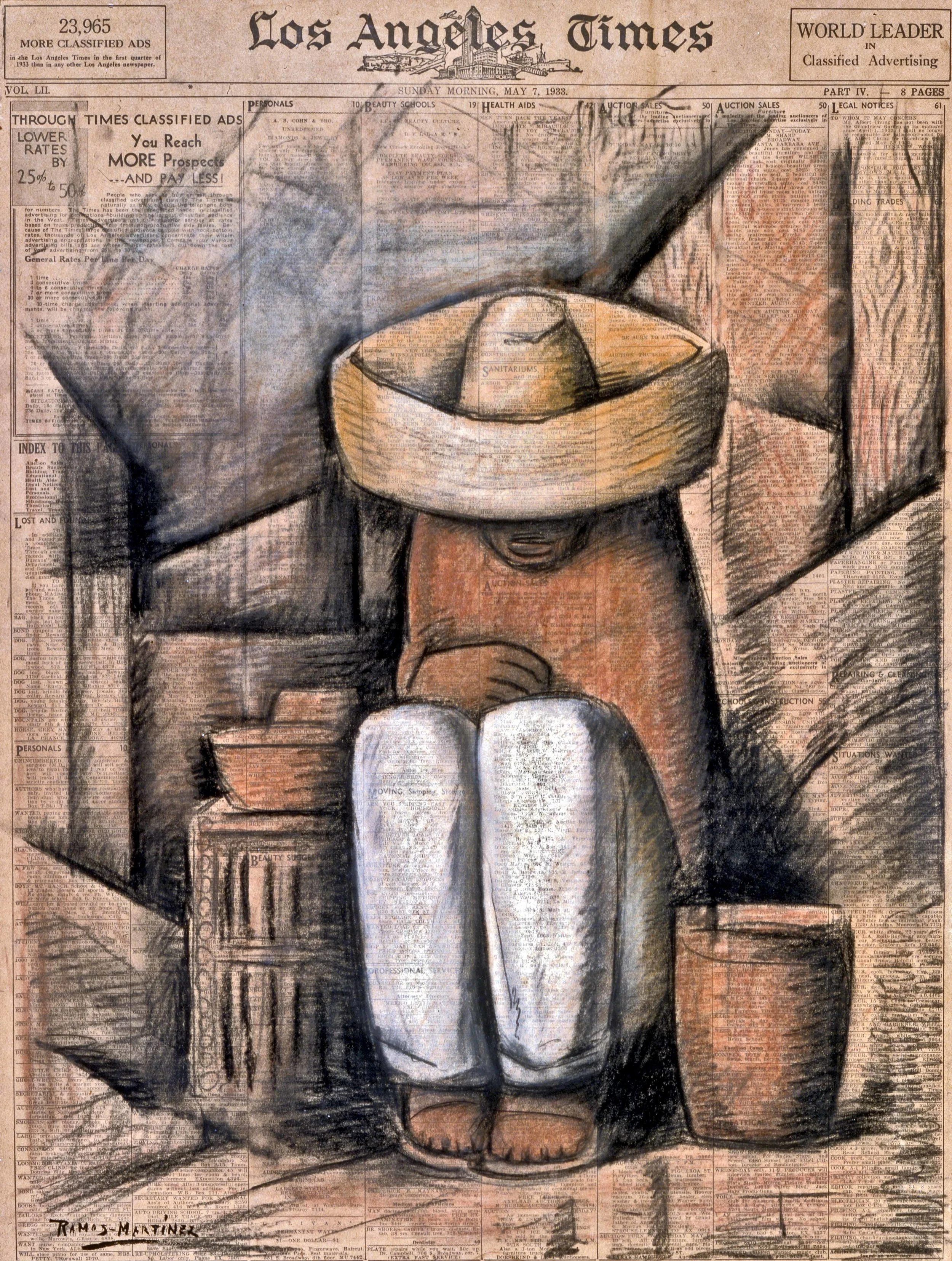Sin Título / Untitled 1933 charcoal and pastel on newsprint / carbón y pintura al pastel sobre papel periódico (Los Angeles Times, Sunday, May 7, 1933) 22.8 x 17 inches; 57.8 x 43.2 centímetros Private collection