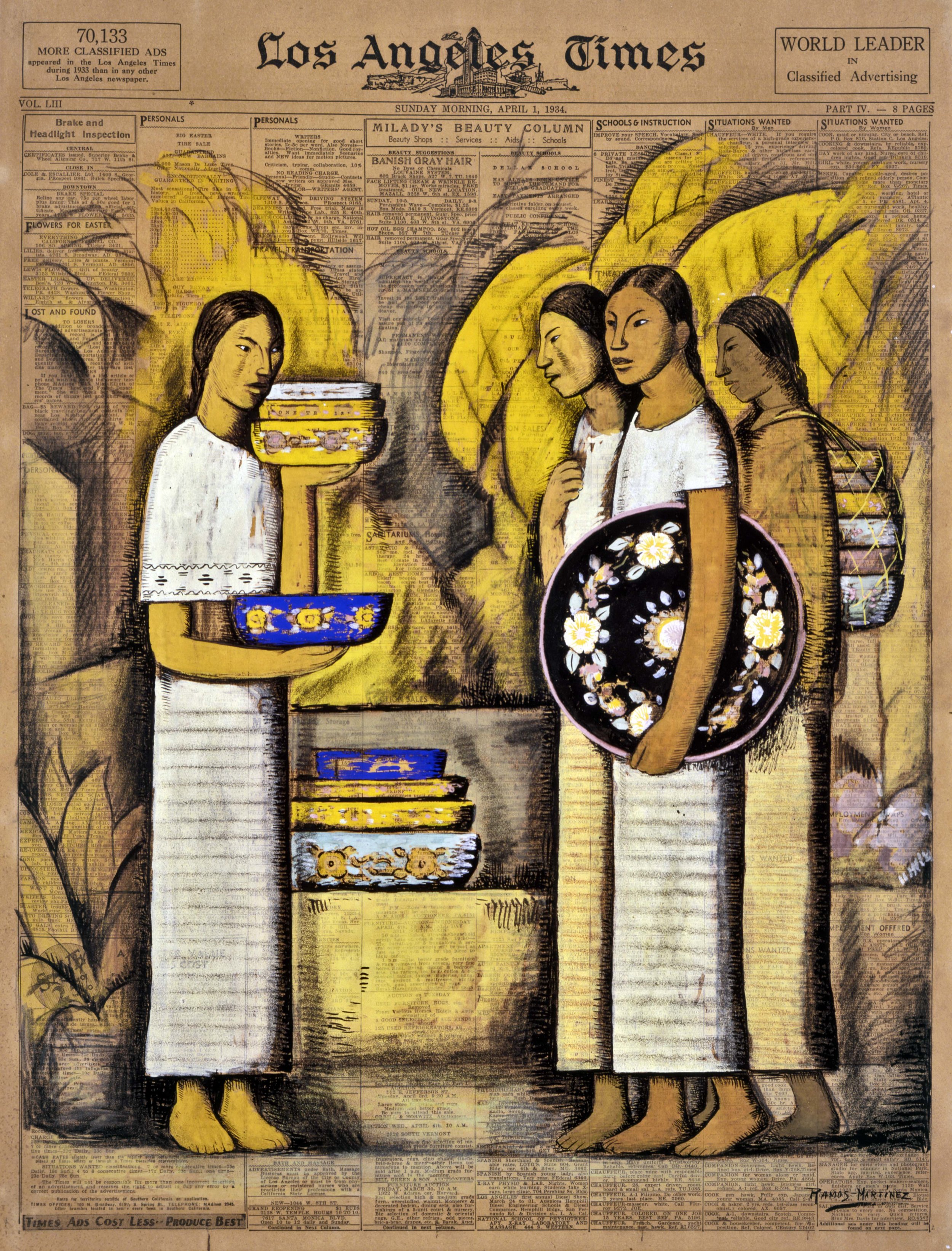Vendedoras de Cerámica / Pottery Vendors 1934 tempera and charcoal on newsprint / temple y carbón sobre papel periódico ( Los Angeles Times , Sunday, April 1, 1934) 22.6 x 16.6 inches / 57.5 x 42.2 centímetros Private collection