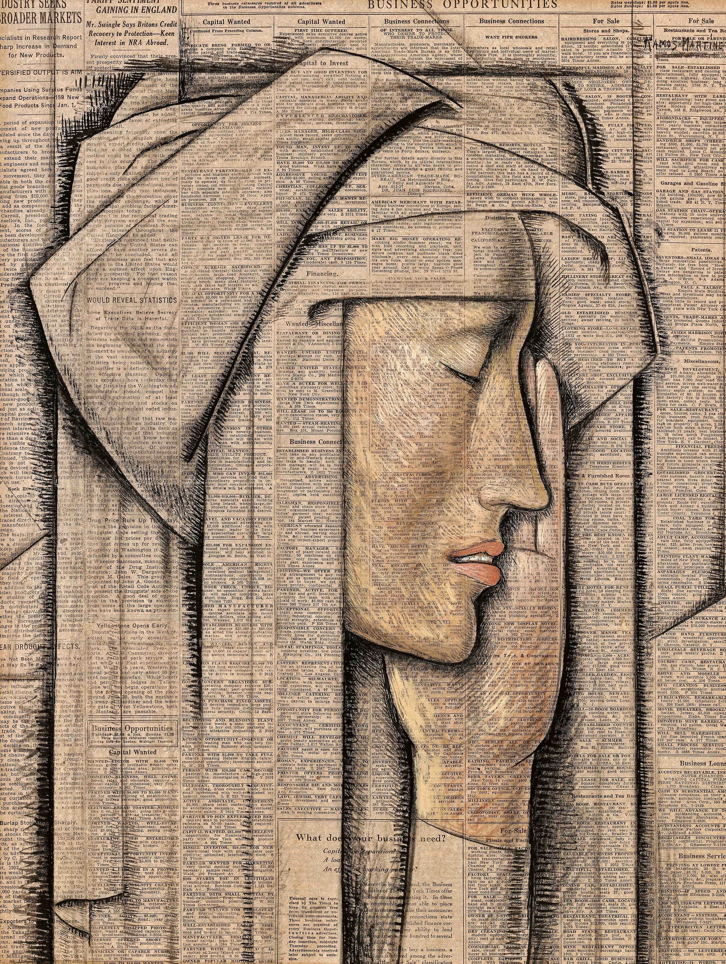 Cabeza de Monja / Head of a Nun 1934 tempera on newsprint / temple sobre papel periódico (New York Times) 20.5 x 15.5 inches; 52.1 x 39.4 centímetros Private collection