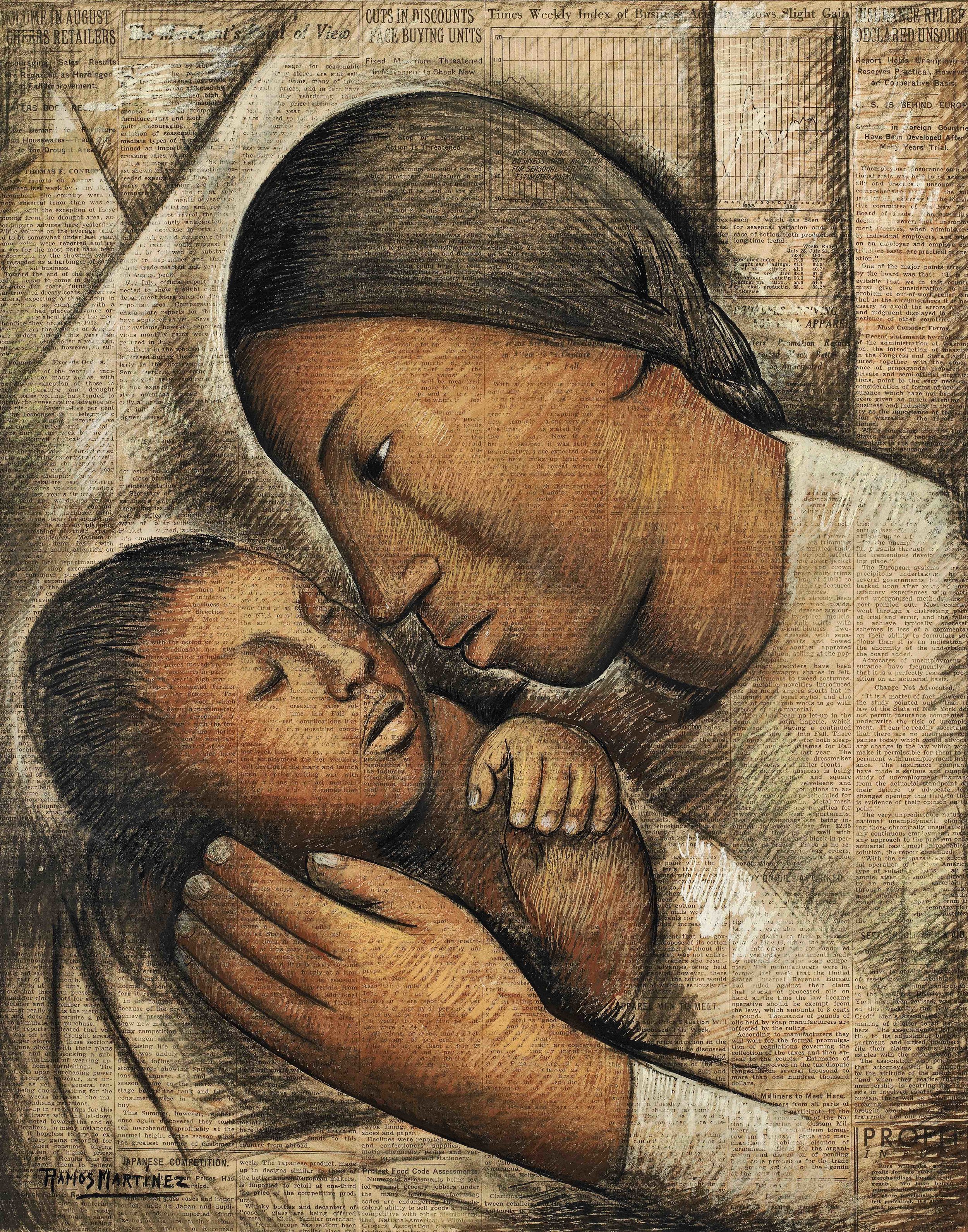 Amor de Madre / Tender Love ca. 1934 tempera on newprint / temple sobre papel periódico ( New York Times ) 20.8 x 16.5 inches; 52.7 x 41.9 centímetros Private collection