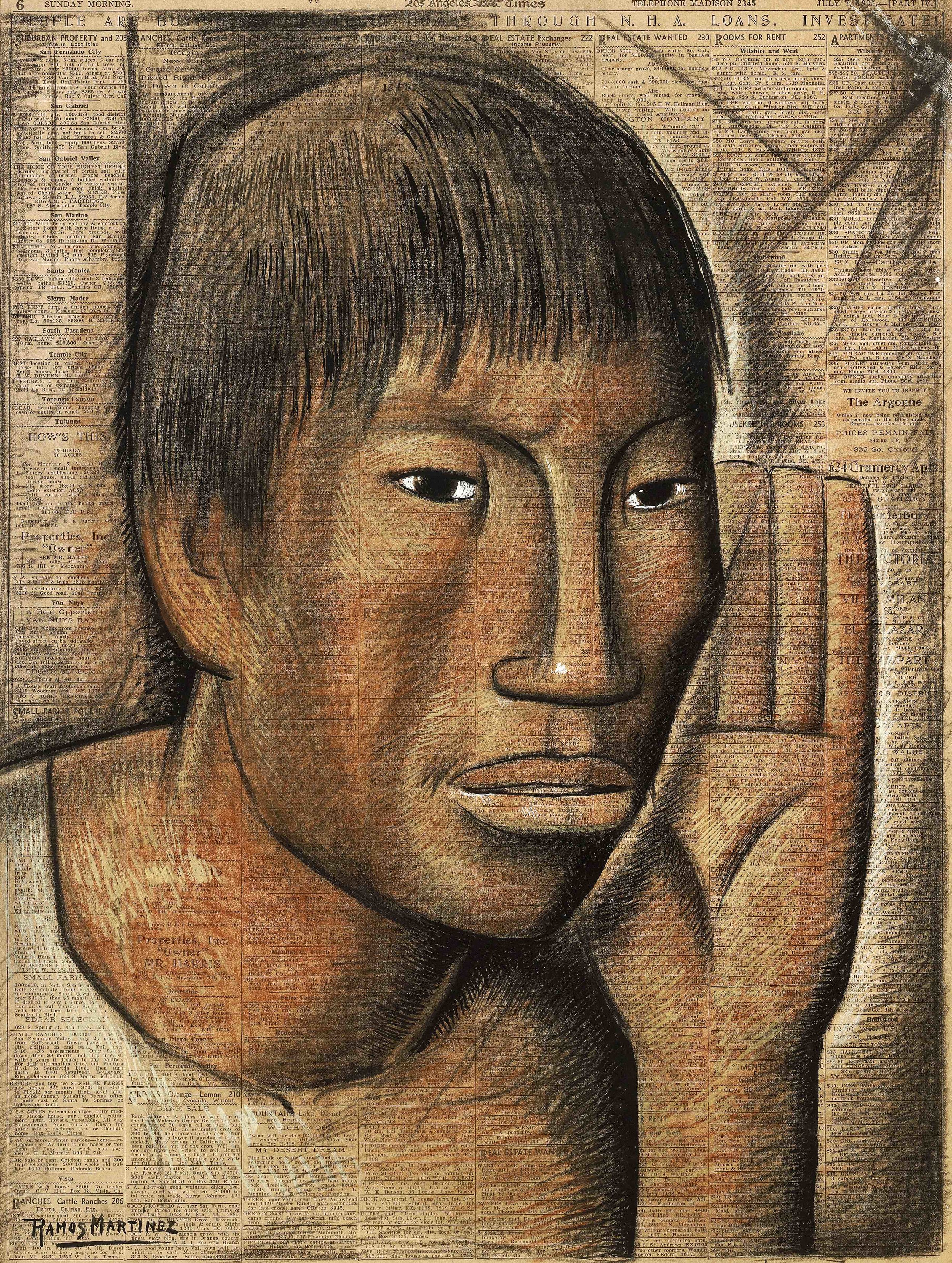 Cabeza de Joven / Head of a Young Man 1935 tempera and Conté crayon on newsprint / temple y crayon Conté sobre papel periódico (Los Angeles Times, July 7, 1935) 23.1 x 17.5 inches; 58.8 x 44.5 centímetros Private collection