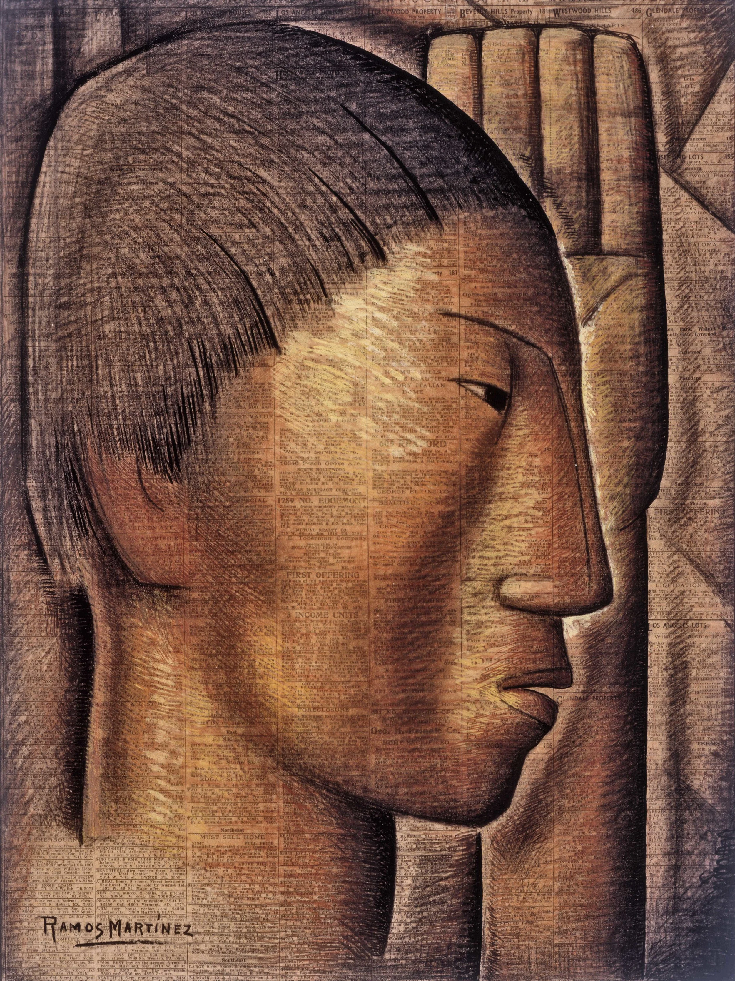 Perfil Indígena / Indian Profile 1935 Conté crayon, charcoal and tempera on newsprint / crayon Conté, carbón y temple sobre papel periódico ( Los Angeles Times , July 28, 1935) 21.1 x 16 inches; 53.7 x 40.6 centímetros Private collection