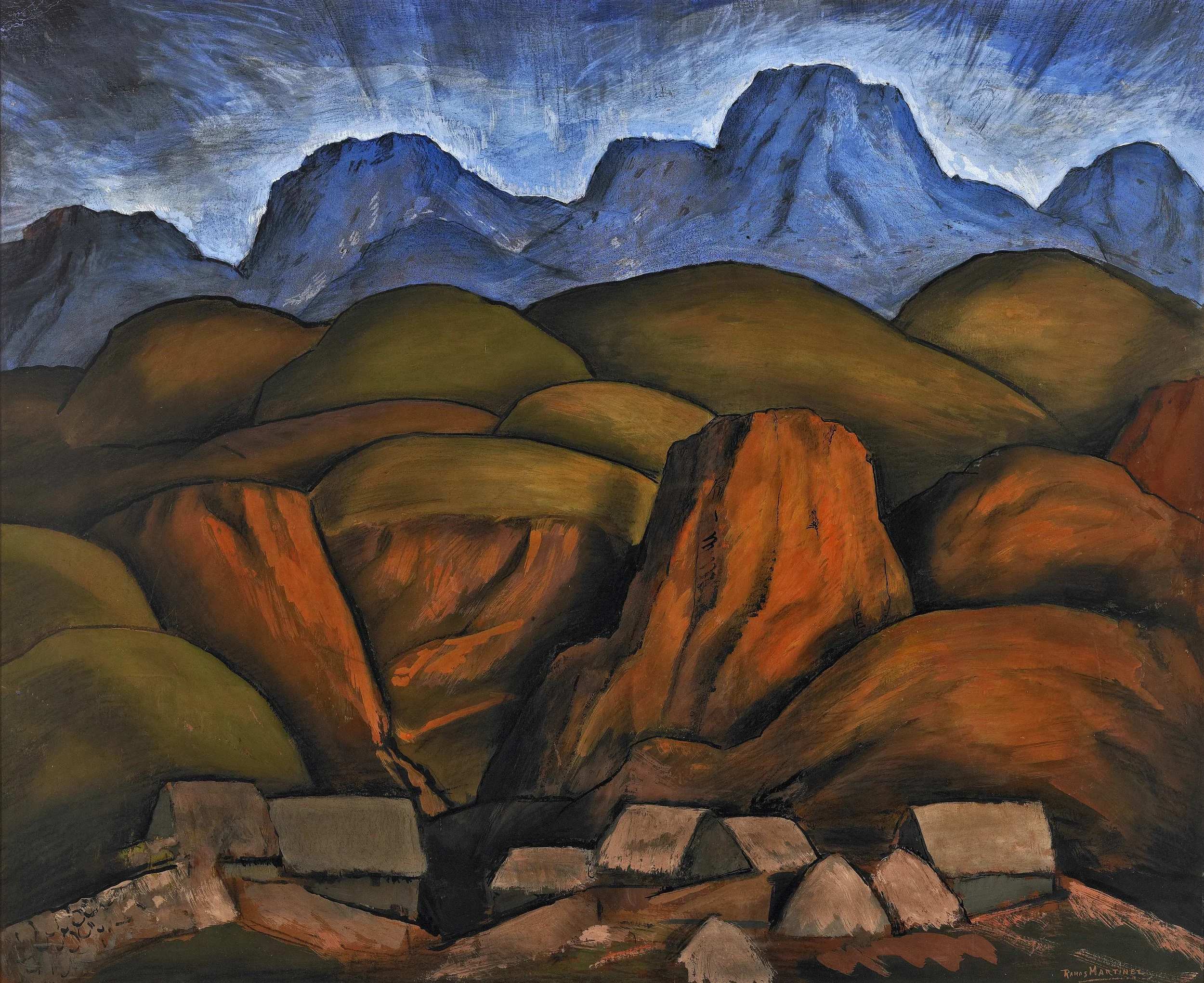 Paisaje Mexicano / Mexican Landscape ca. 1935 gouache and Conté crayon on paper / aguada y crayon Conté sobre papel 27 x 32.5 inches; 68.6 x 82.6 centímetros Scripps College