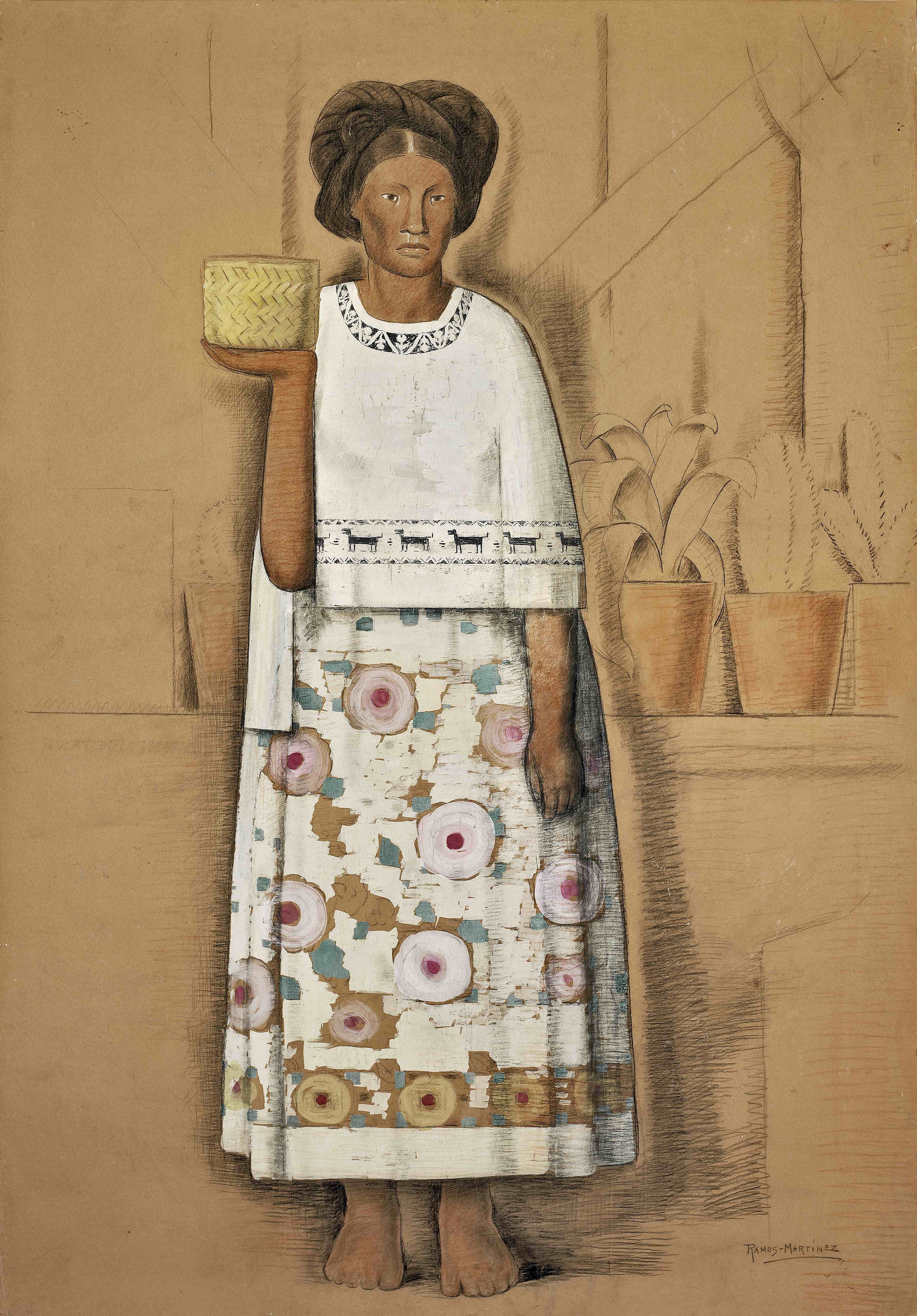 India de Michoacán / Indian Woman from Michoacan ca. 1935 tempera and Conté crayon on paper mounted on board / temple y crayon Conté sobre papel sobre tabla 69.3 x 48 inches; 175.9 x 121.9 centímetros Private collection