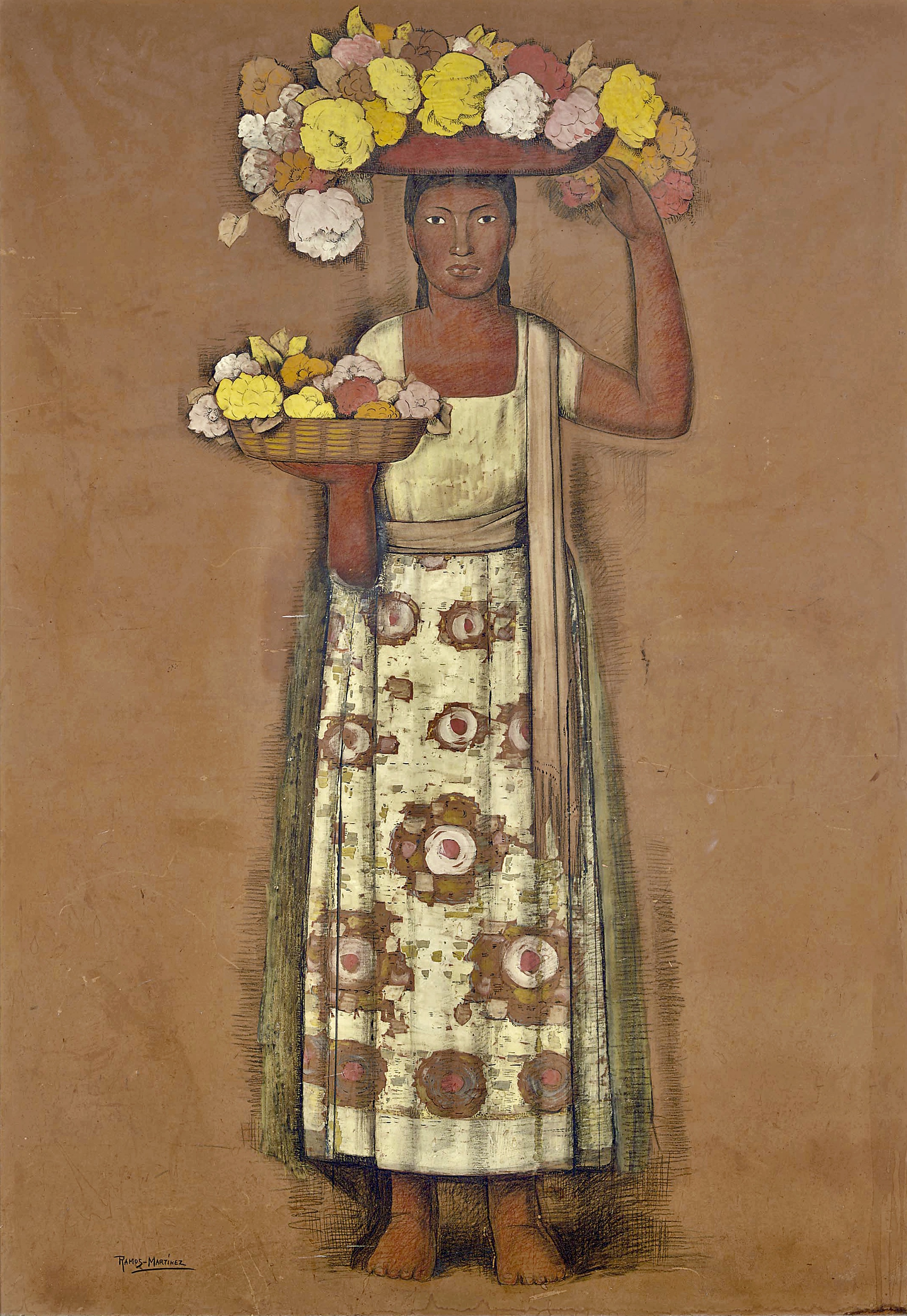 Sin Título - Mujer Con Flores / Untitled - Woman with Flowers ca. 1935 gouache, ink, crayon and graphite on board / aguada, tinta, crayon y grafito sobre tabla 67 x 47 inches; 170.2 x 119.4 centímetros Private collection