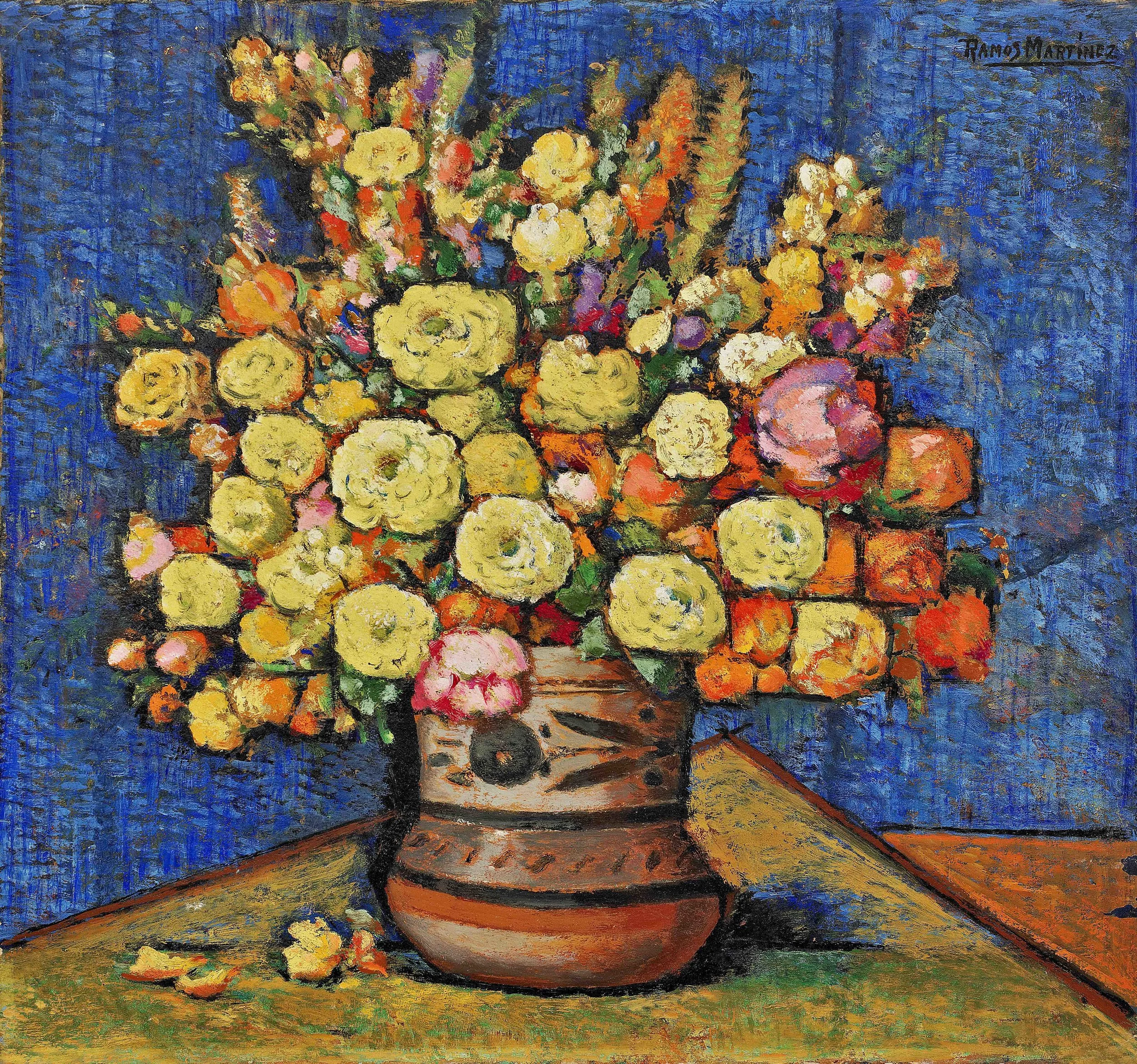 Flores en Jarro Mexicano / Flowers in a Mexican Vase ca. 1936 oil on board / óleo sobre tabla 14.5 x 15.3 inches; 36.8 x 38.7 centímetros Private collection