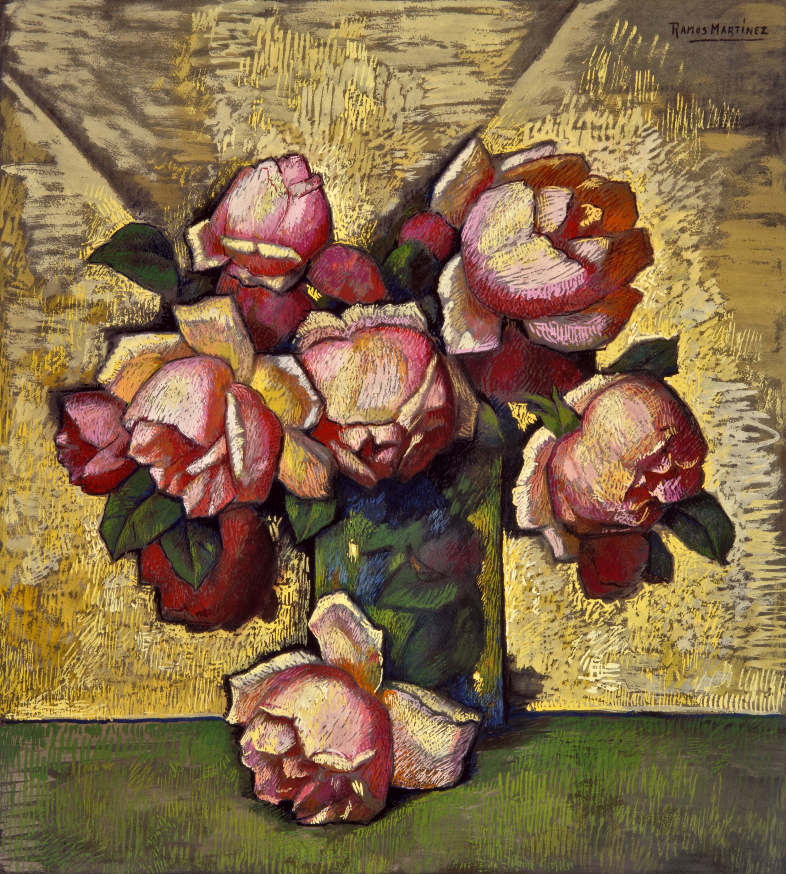 Rosas / Pink Roses ca. 1938 tempera on paper mounted to ragboard / temple sobre papel sobre tabla 21.1 x 18.8 inches; 53.7 x 47.6 centímetros Private collection