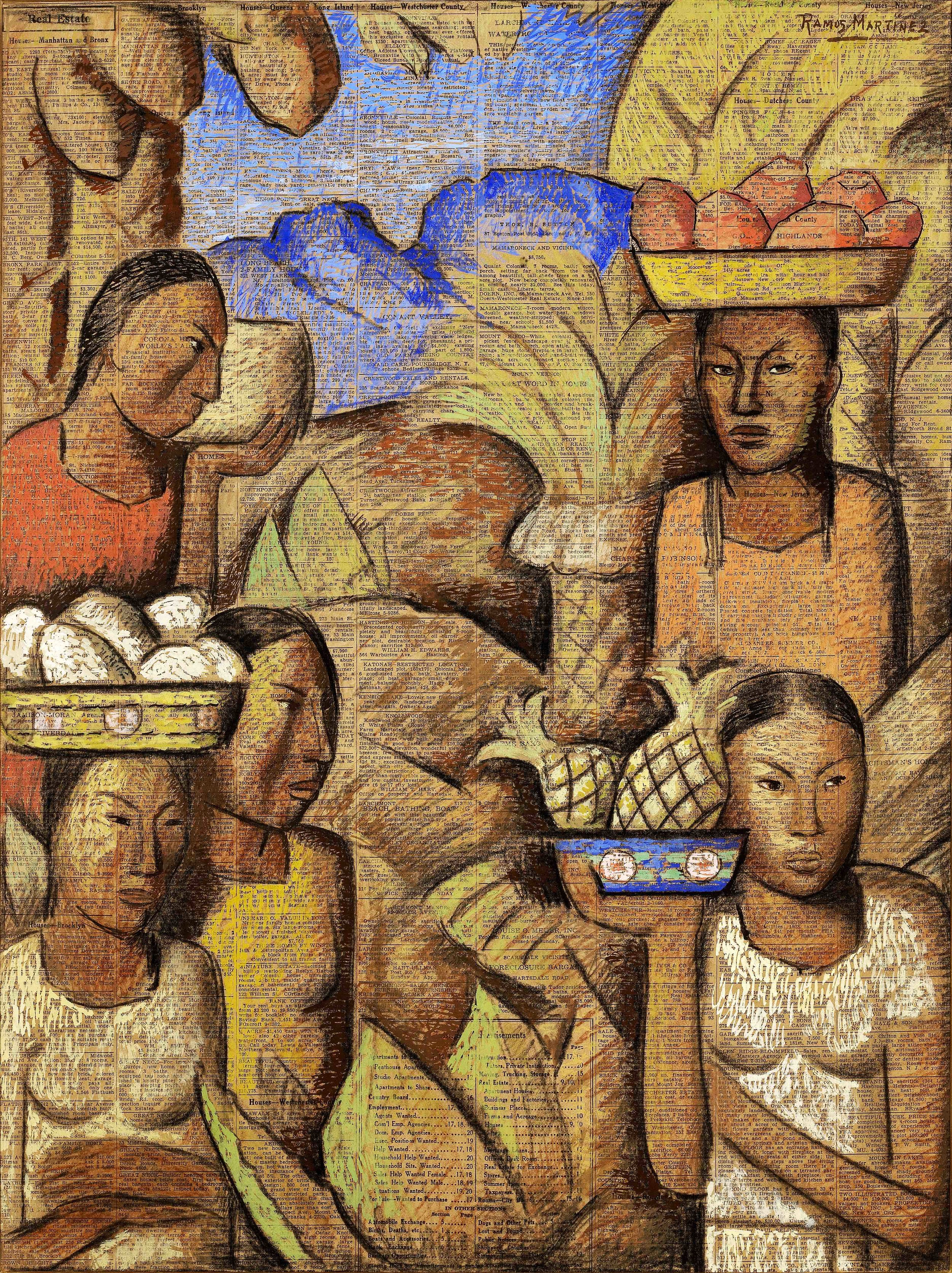 Vendedoras de Frutas / Fruit Vendors ca. 1938 tempera and charcoal on newsprint / temple y carbón sobre papel periódico ( New York Times , July 17, 1938) 21 x 16 inches; 53.3 x 40.6 centímetros Private collection