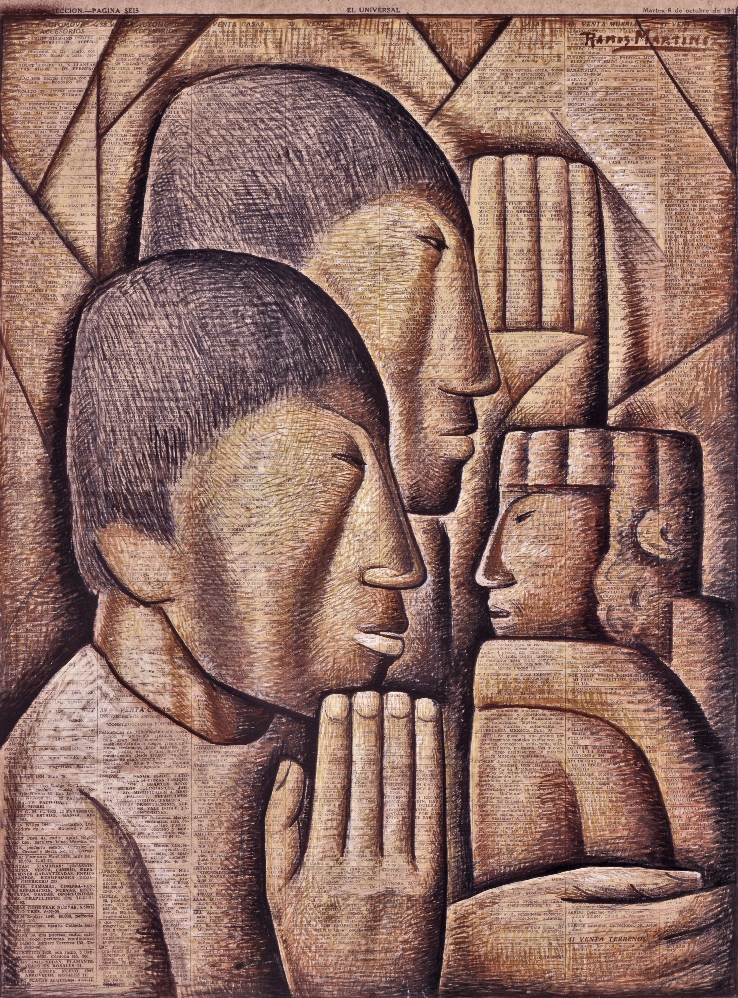 Adoración de Indios / Indians Worship 1942 gouache on newsprint / aguada sobre papel periódico 21.8 x 16 inches; 55.3 x 40.6 centímetros Phoenix Museum of Art