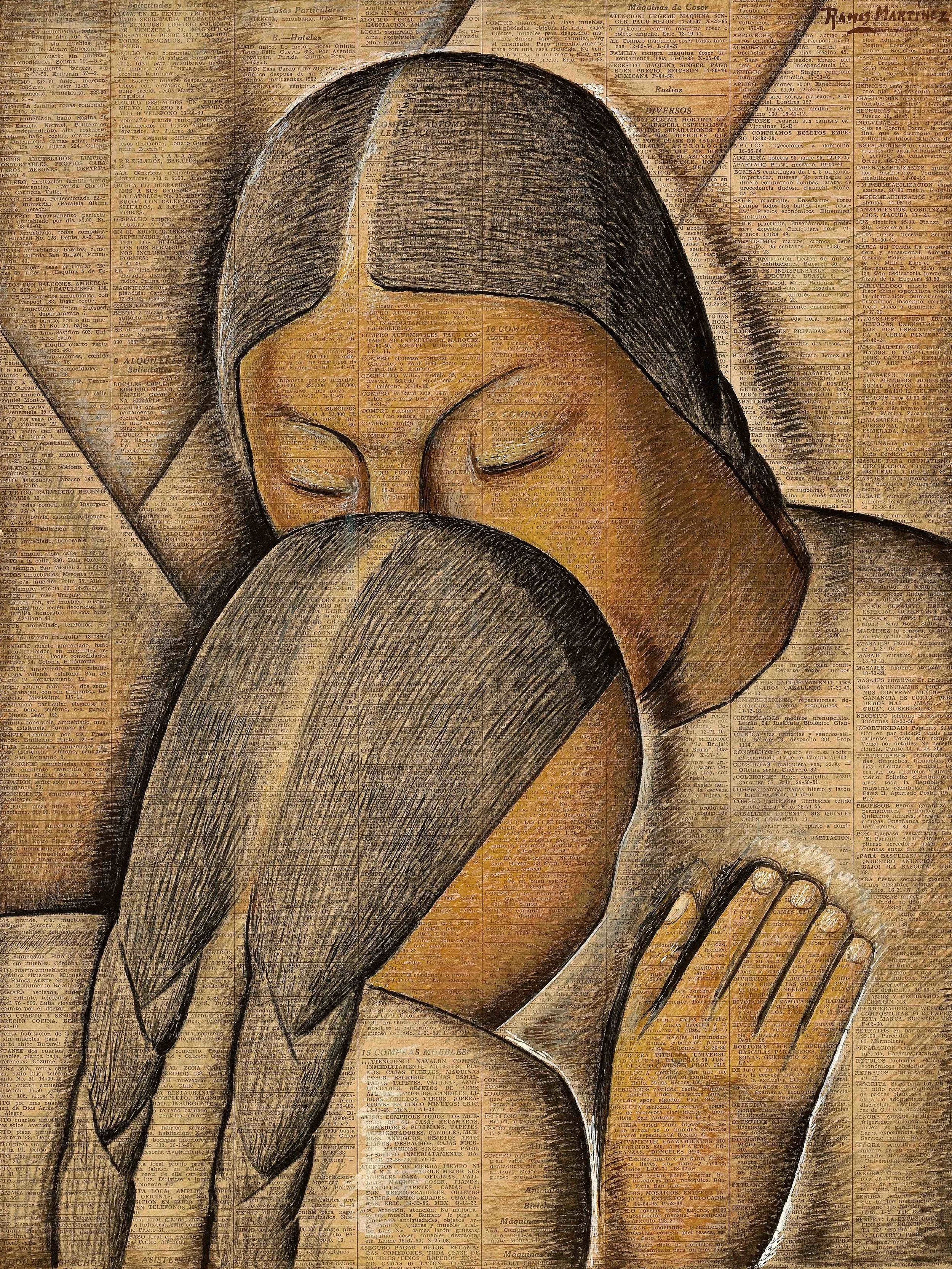 Abrazo Materno / Maternal Embrace 1942 tempera on newsprint / temple sobre papel periódico ( El Universal , November 14, 1942) 21.2 x 16 inches; 53.7 x 40.6 centímetros