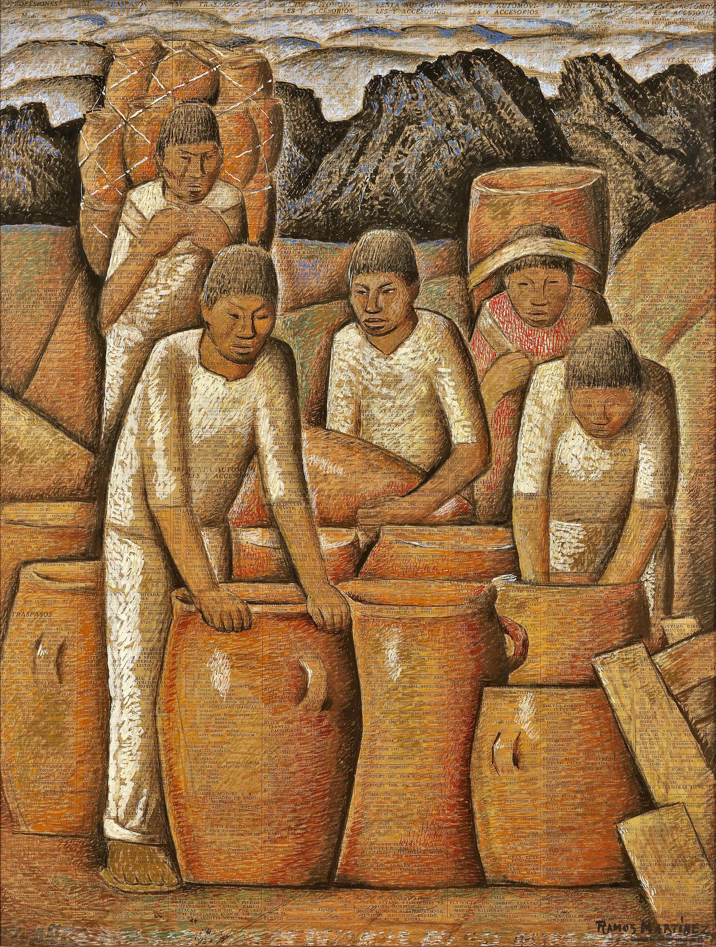 Alfareros / Potters ca. 1943 tempera and Conté crayon on newsprint / temple y crayon Conté sobre papel periódico ( El Universal , July 10, 1943) 17 x 23 inches; 43.2 x 58.4 centímetros