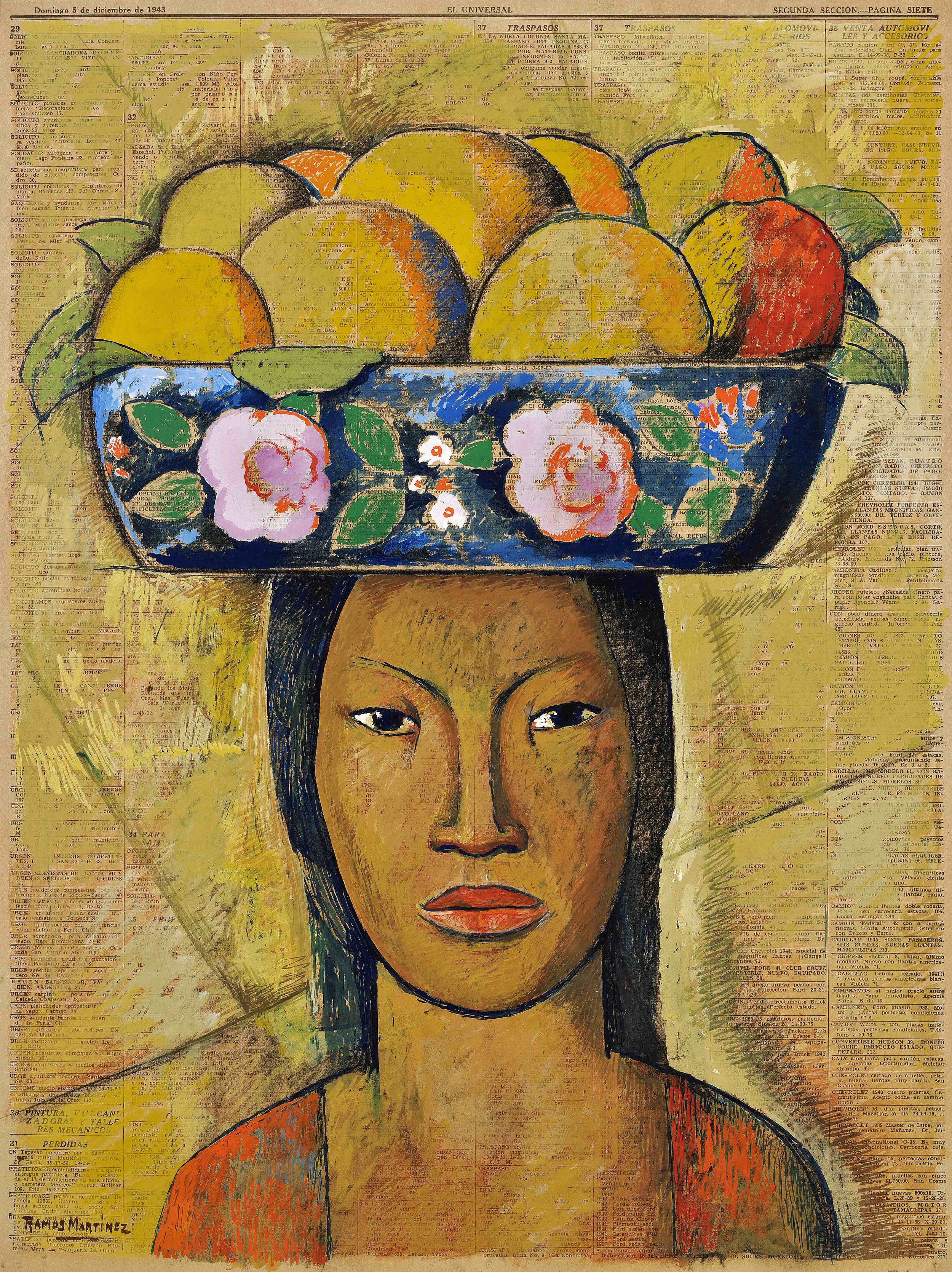Mujer con Frutero a la Cabeza / Bowl of Fruit on Woman's Head 1943 colored oil pastels (casein) on newsprint / pintura pastel al óleo (casein) sobre papel periódico 22 x 16.5 inches; 55.9 x 41.9 centímetros Scripps College
