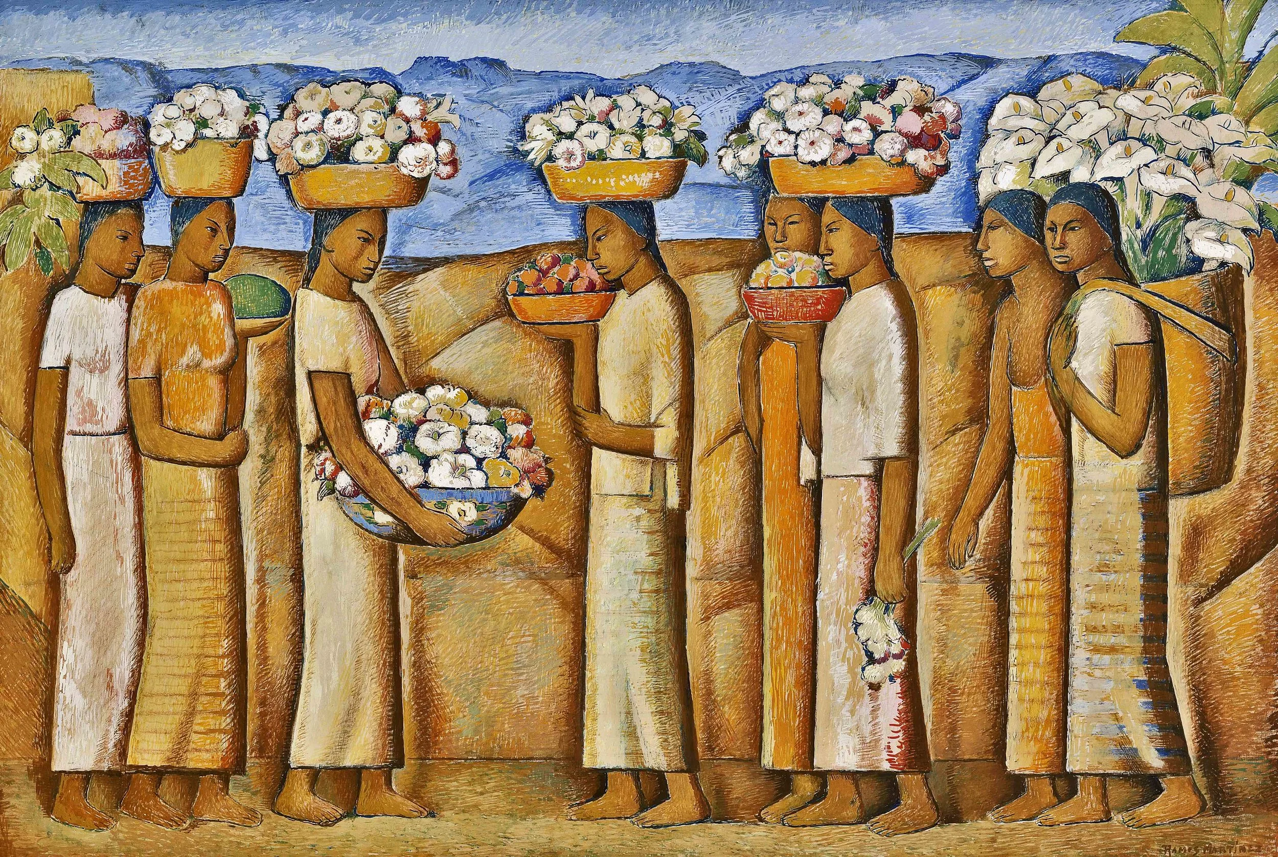 Vendedoras de Flores / Flower Vendors ca. 1946 tempera on board / temple sobre tabla 20 x 29.8 inches; 50.8 x 75.6 centímetros