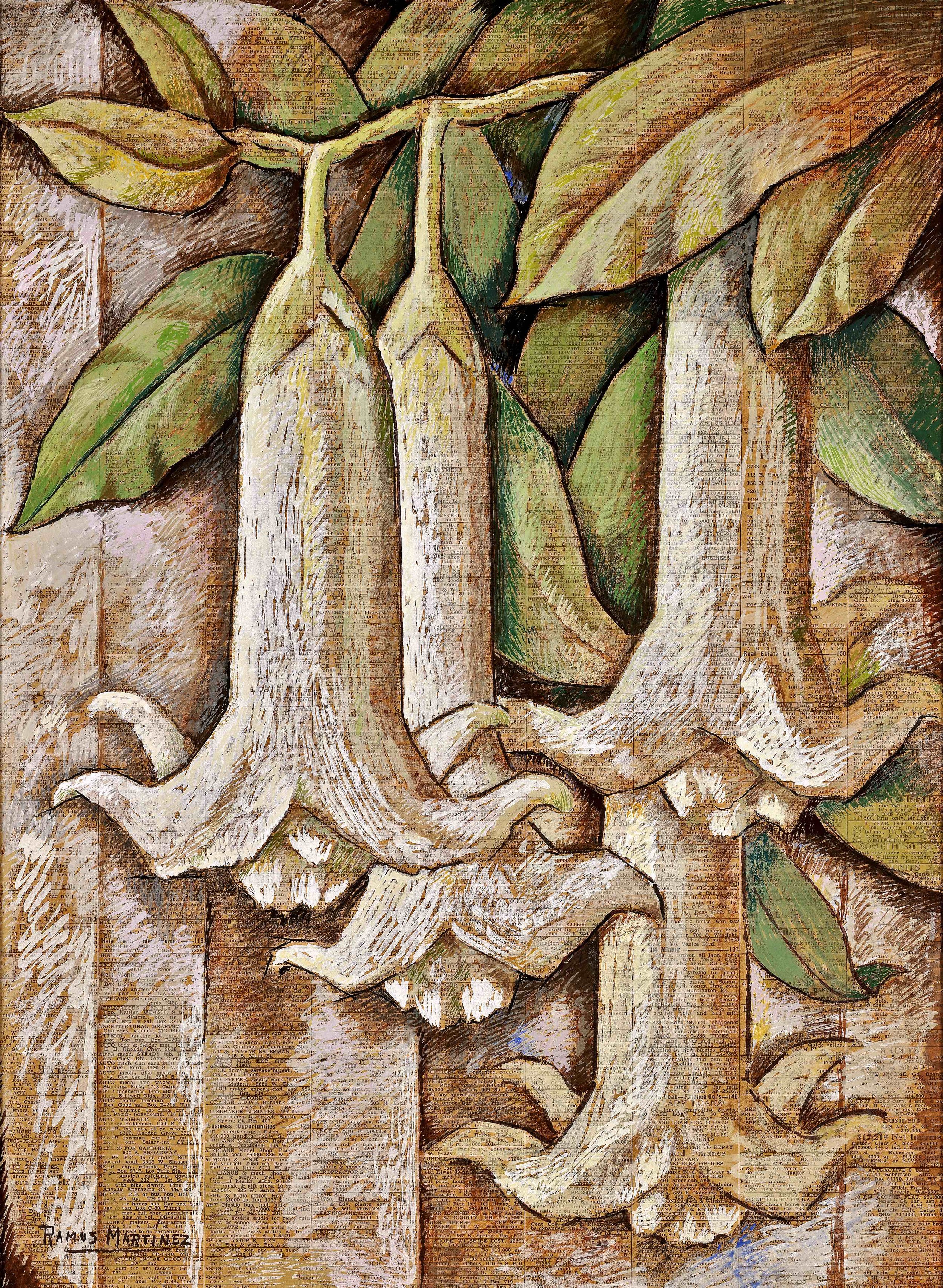 Los Floripondios / Trumpet Flowers 1946 tempera on newsprint / temple sobre papel periódico ( Los Angeles Times , February 17, 1946, page 7) 22.8 x 16.5 inches; 57.8 x 41. 9 centímetros