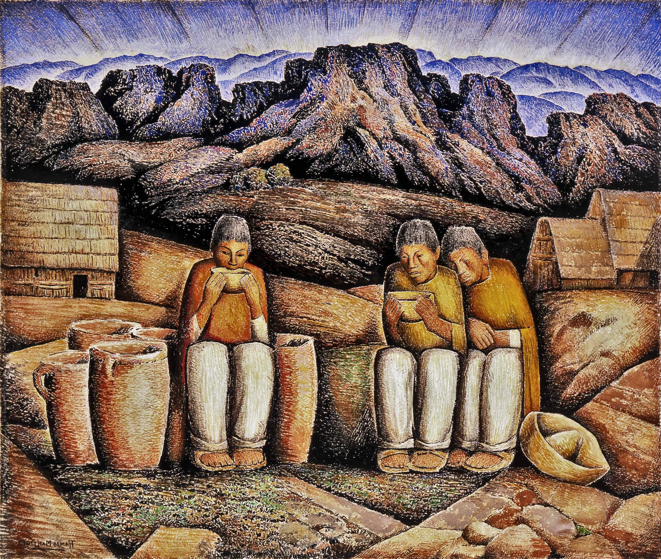 Bebiendo Pulque (Paisaje de Montañas) / Drinking Pulque (Mountain Landscape) ca. 1940 gouache and tempera on paper / aguada y temple sobre papel 22 x 26 inches; 55.9 x 66 centímetros Private collection