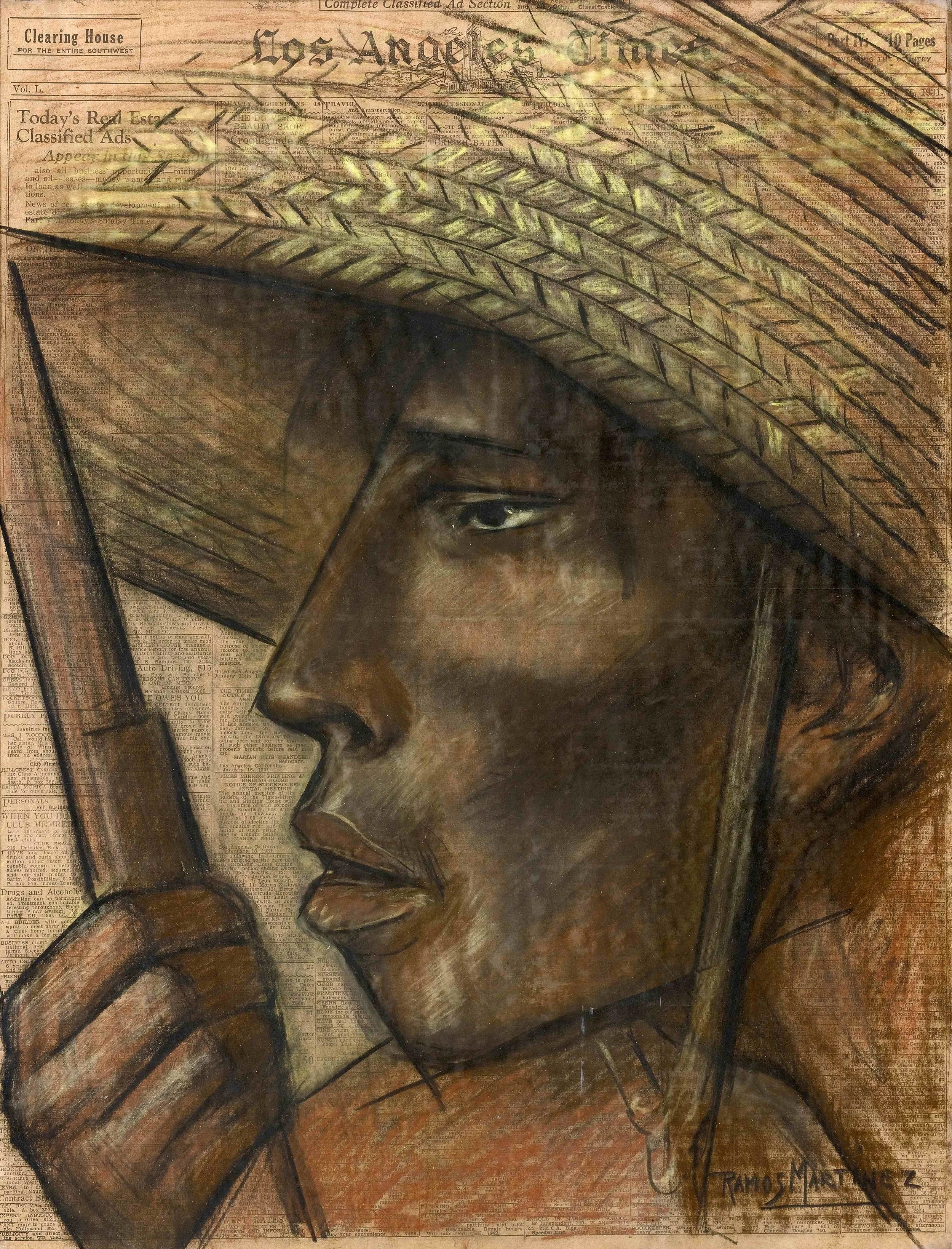 Cabeza de Campesino / Head of a Peasant 1931 charcoal and Conté crayon on newsprint / carbón y crayon Conté sobre papel periódico ( Los Angeles Times , January 25, 1931) 21.9 x 16.6 inches; 55.6 x 42.2 centímetros Private collection