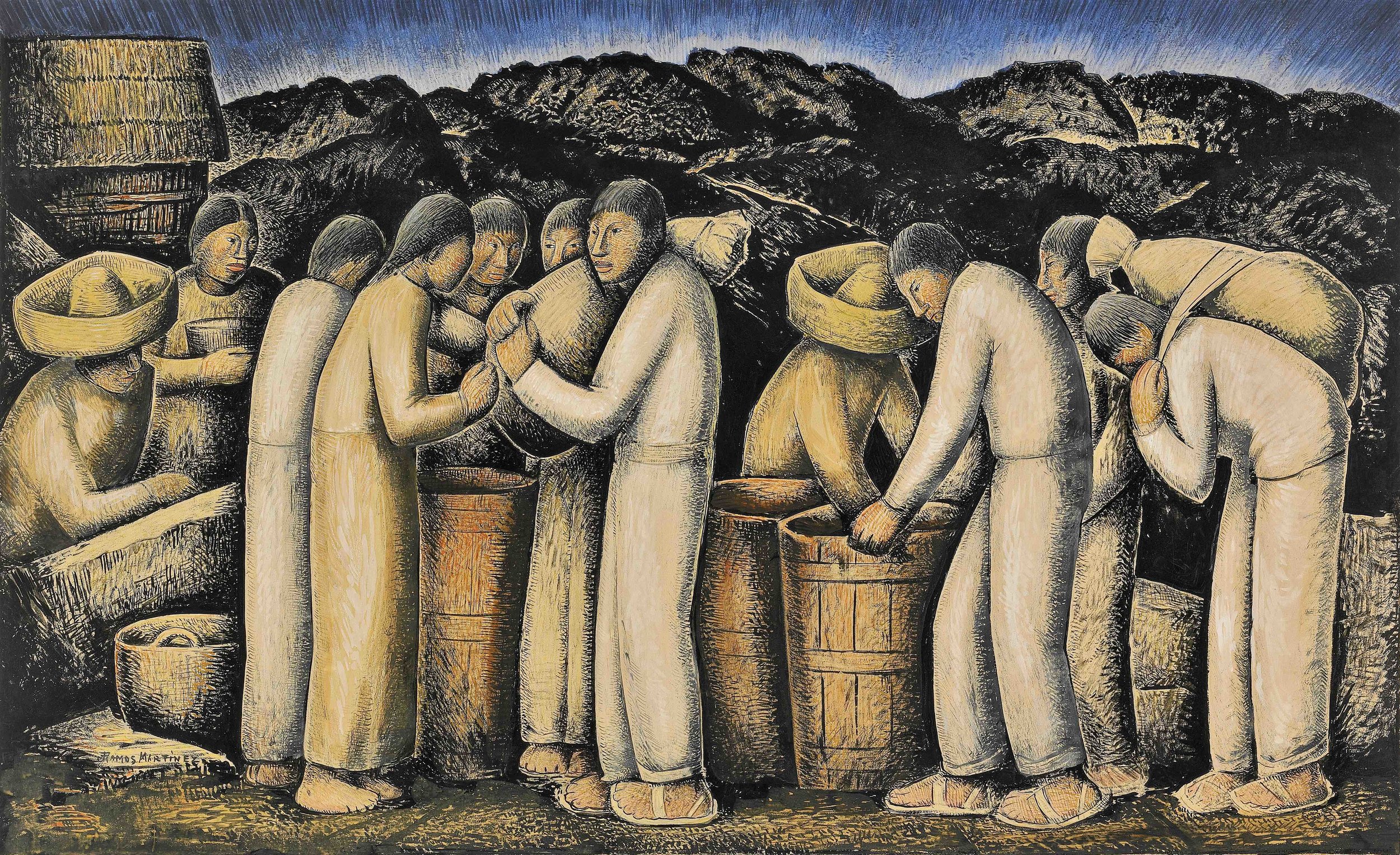 Los Pulqueros / Making Pulque ca. 1935 tempera on paper / temple sobre papel 14.3 x 23.5 inches; 36.2 x 59.7 centímetros