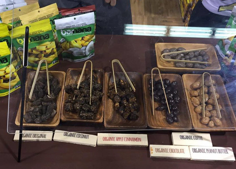 Samples of banana chips & chocolate covered snacks!