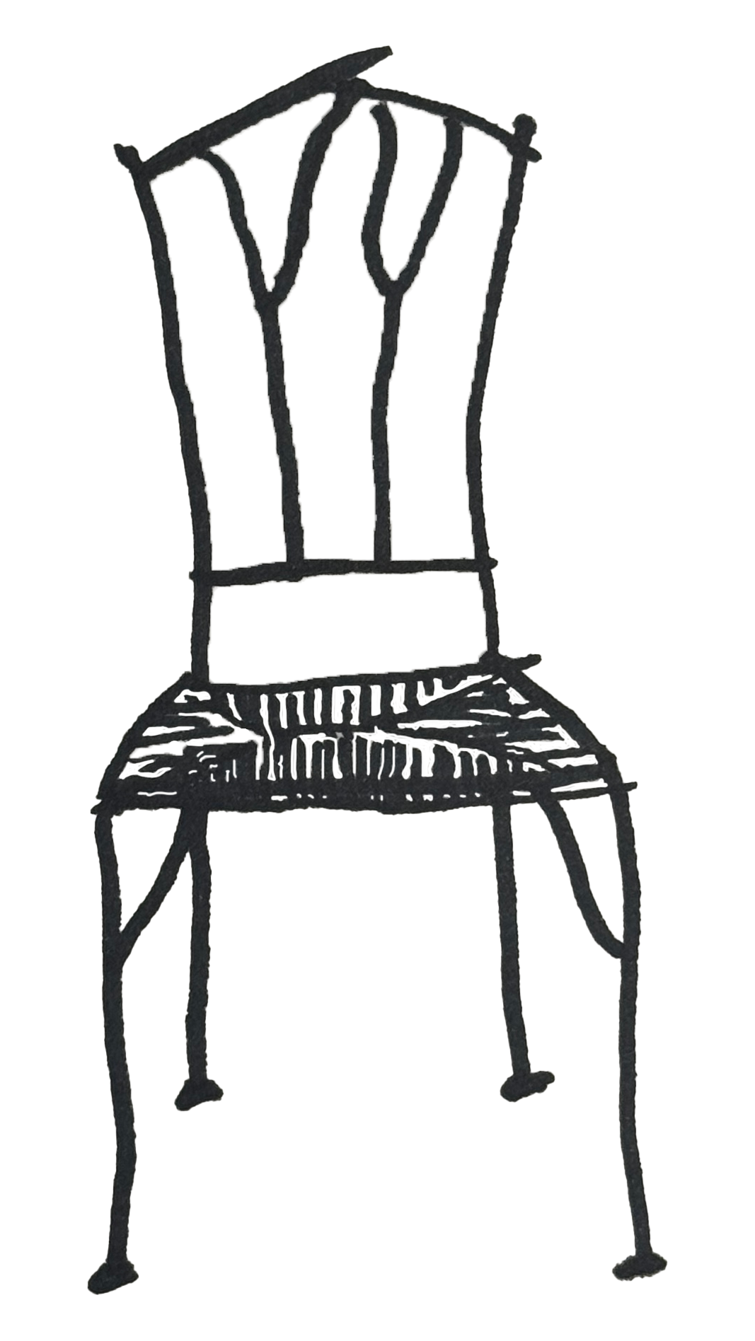 A black line drawing of a wooden chair with a backrest and four legs, with simple horizontal and vertical line details on the seat and back.