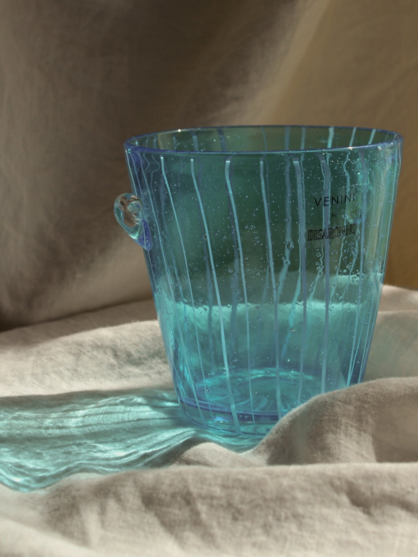 now available // Vintage Murano Art Glass Ice Bucket_Venetian Hand Blown Glass; Blue With Distinct White Ribbon Stripes_Tiny Clear Glass Swirl Handles _Handmade Craftsmanship, Bubble Texture Inside, Abstract Stripes_ Original Venini for Disaronno Sti
