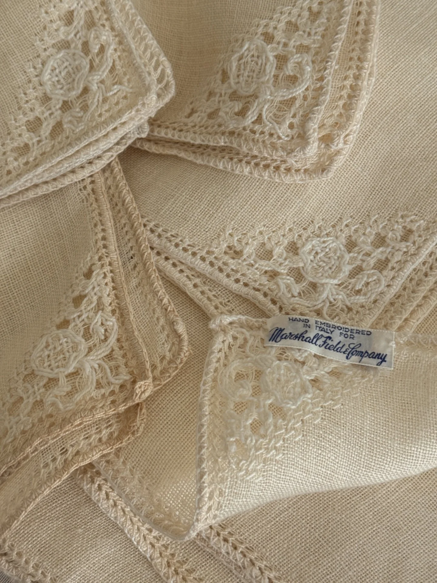 now available // Vintage Hand Embroidered Italian Table Napkins_
16&rdquo;x16&rdquo; Square Linen With Intricate Embroidered Edging and Floral Corner Detail _Tagged With &ldquo;Hand Embroidered in Italy For Marshall Field &amp; Company&rdquo; 

shop 