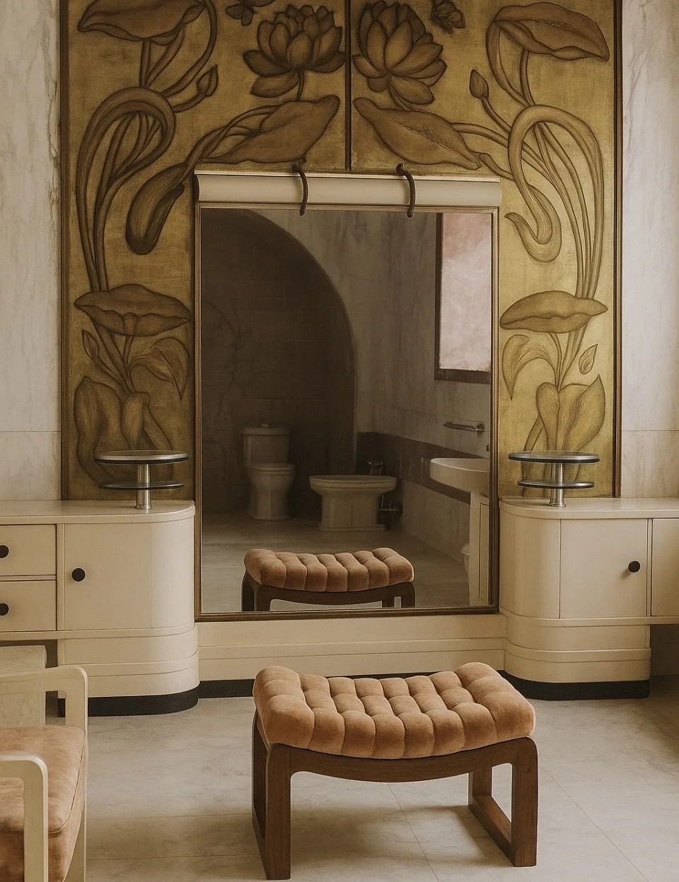 A room with a mirror, a pair of orange velvet cushioned stools, and decorative floral artwork on the wall. The room contains a toilet, a sink, and a bench visible through the mirror.