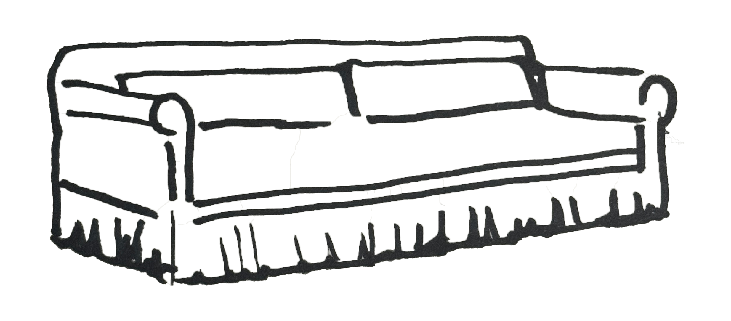 Hand-drawn sketch of a rectangular box with an open top, side handles, and a series of small vertical lines along one side, on a transparent background.