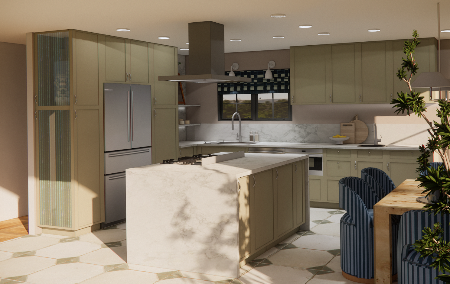 Modern kitchen with beige cabinets, marble countertops, stainless steel refrigerator, and a wooden dining table with blue striped chairs.