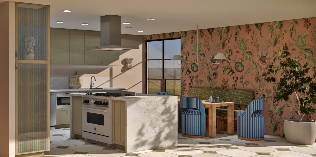 Kitchen and dining area with patterned wallpaper, a window showing a landscape, a small dining table with green bench and blue-striped chairs, and a potted plant.