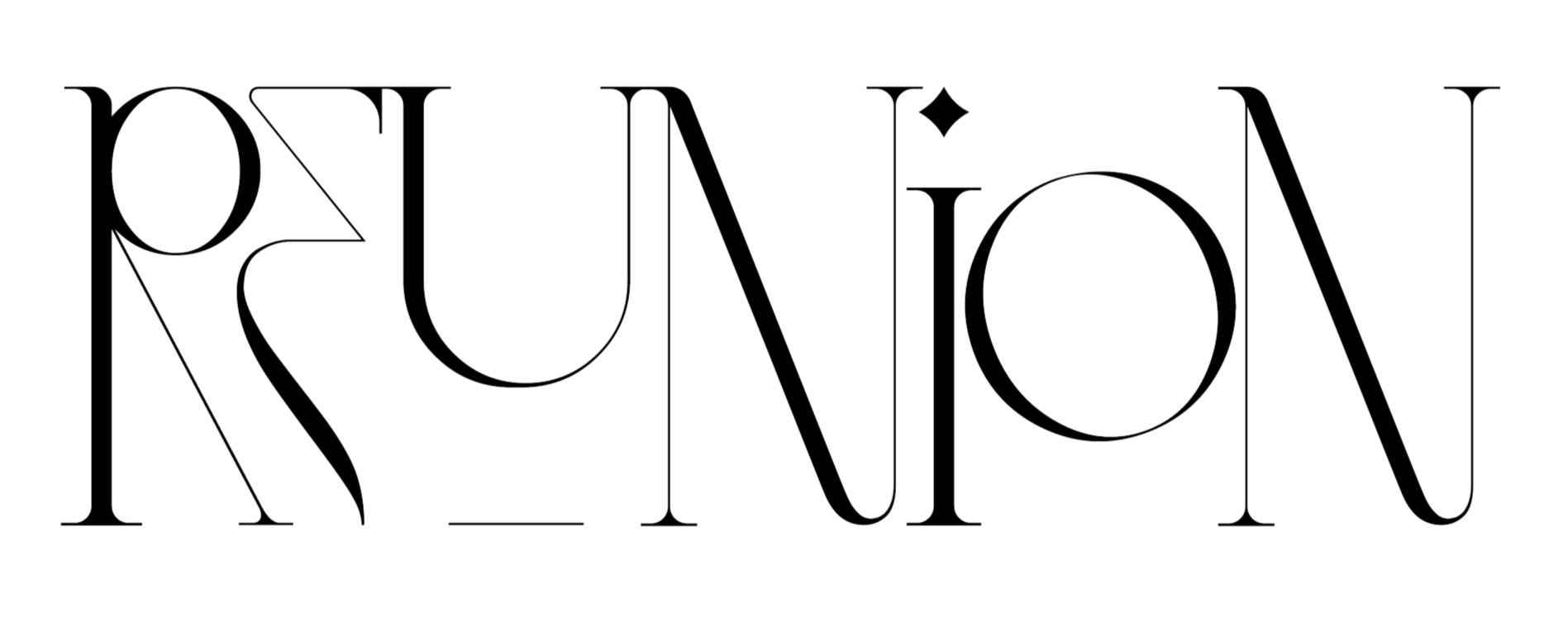 Stylized text spelling 'RÜNION' with thin white line and modern font on black background.