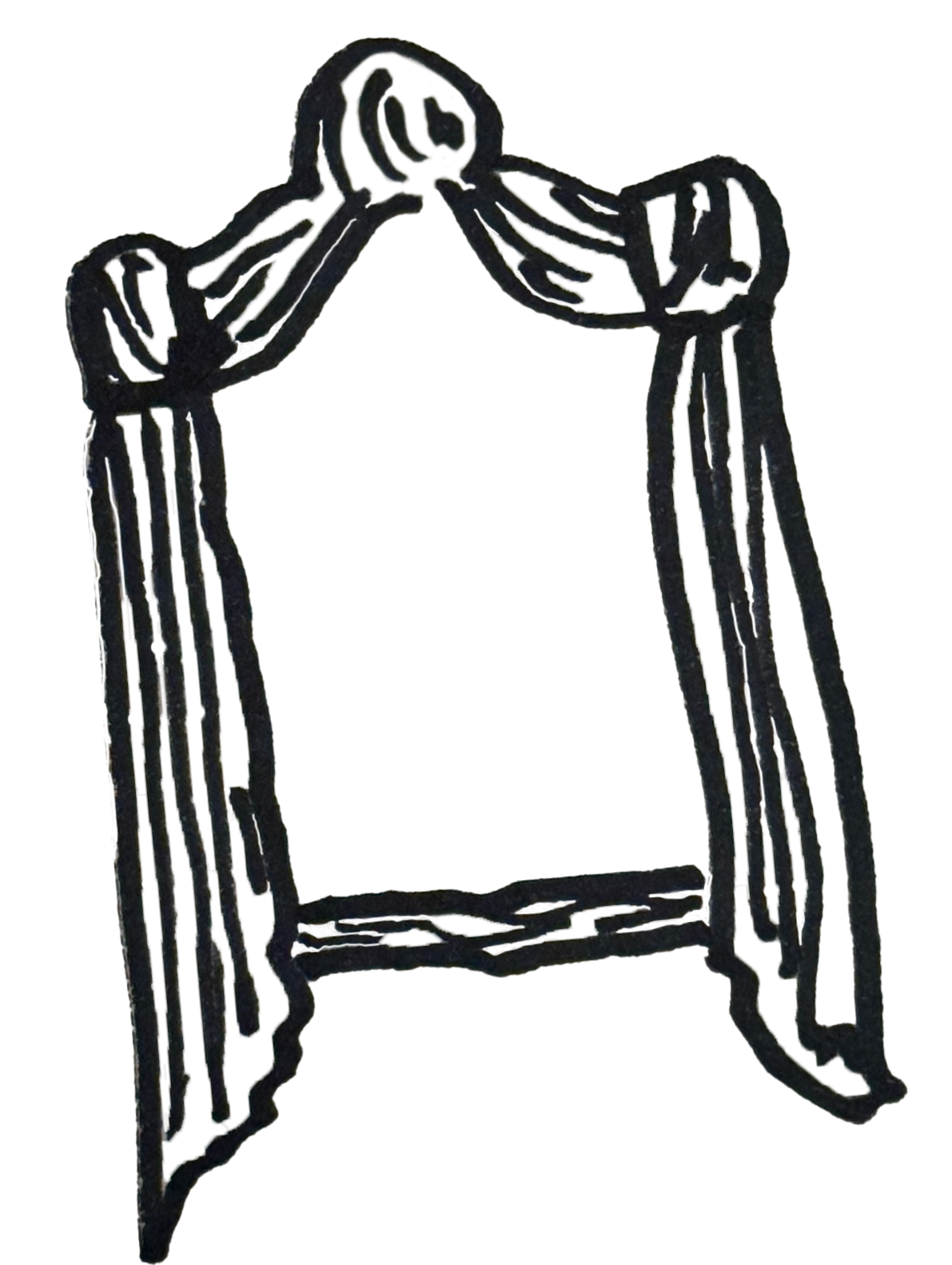 A drawing of two hands in a prayer position, surrounded by a rectangular frame with decorative elements.