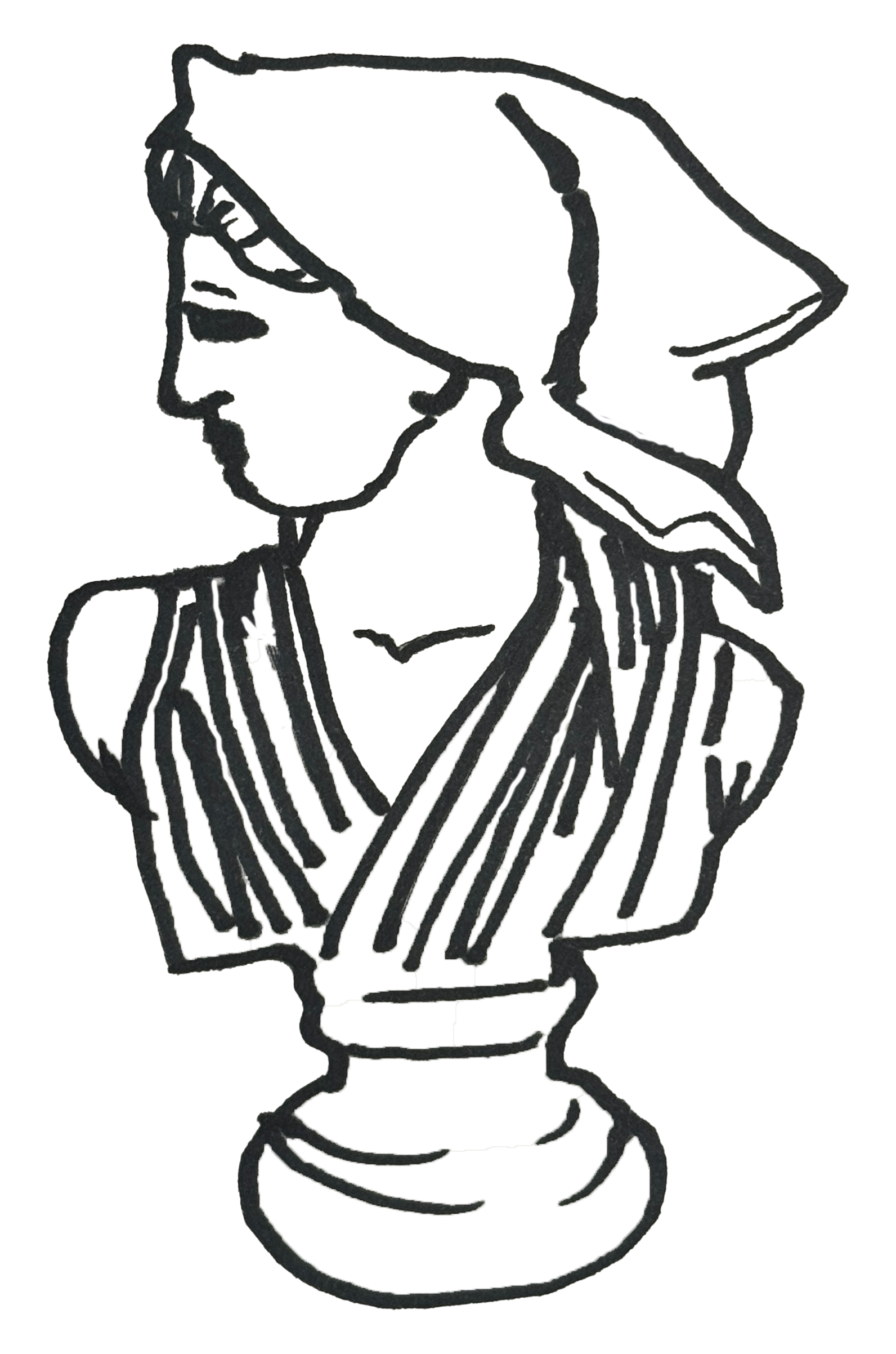 Black line drawing of a bust of a woman in a classical style, with her hand on her cheek and her hair styled to the side.