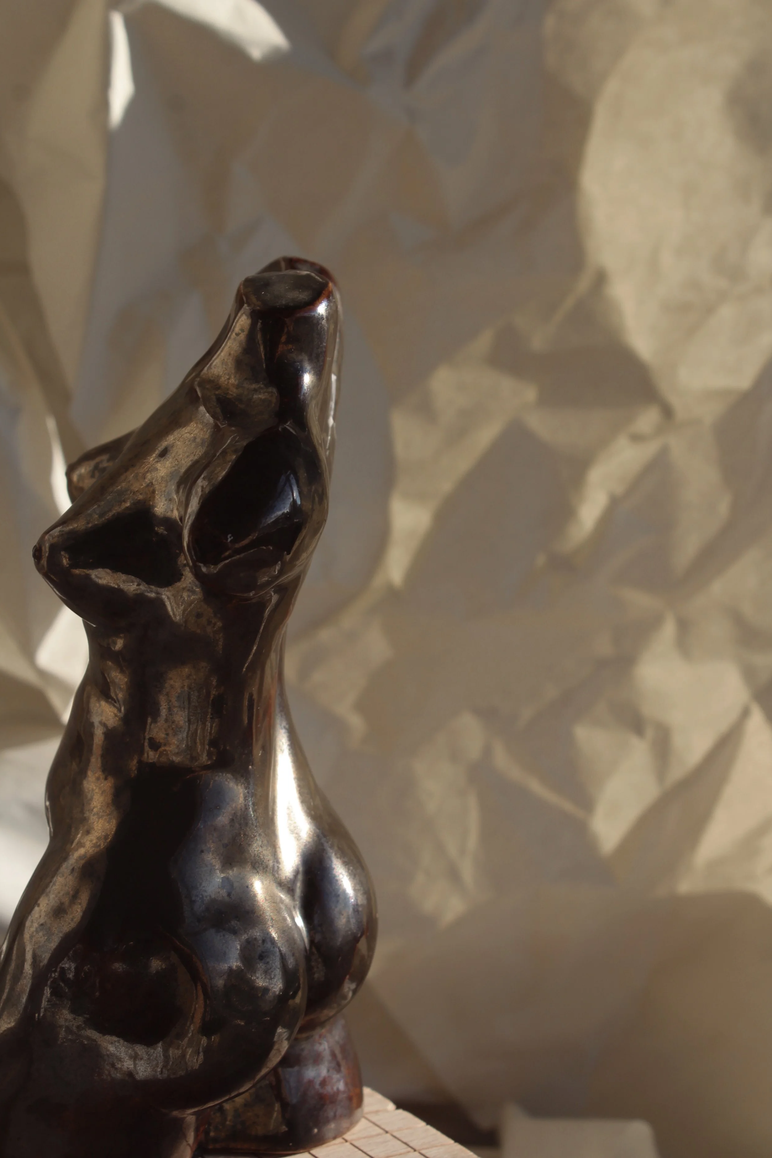 Close-up of a metallic sculpture of a dog, with a shadow cast on the wall behind it.