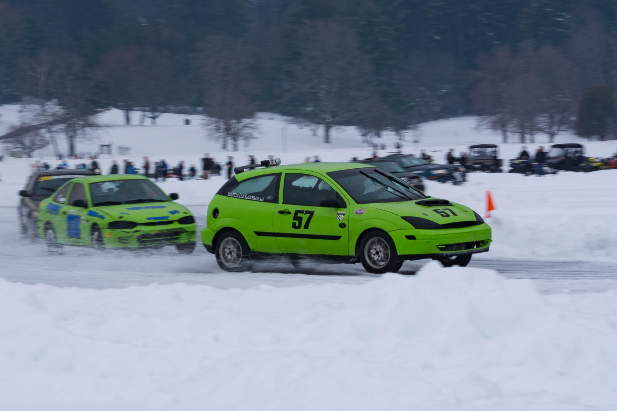 Trio of cars Racing Lake George Ice Races