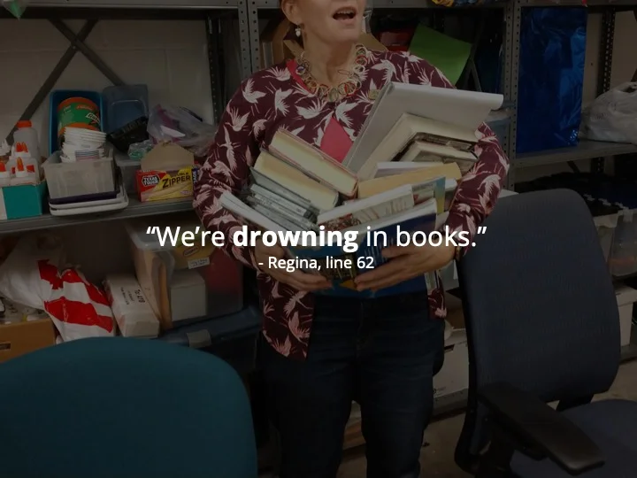 Regina, branch librarian in the Austin Public Library system. We met in the boiler room as the staff area was packed with books.