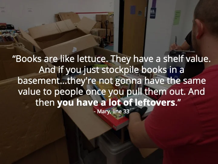 A Recycled Reads staff member sorts through donated books.