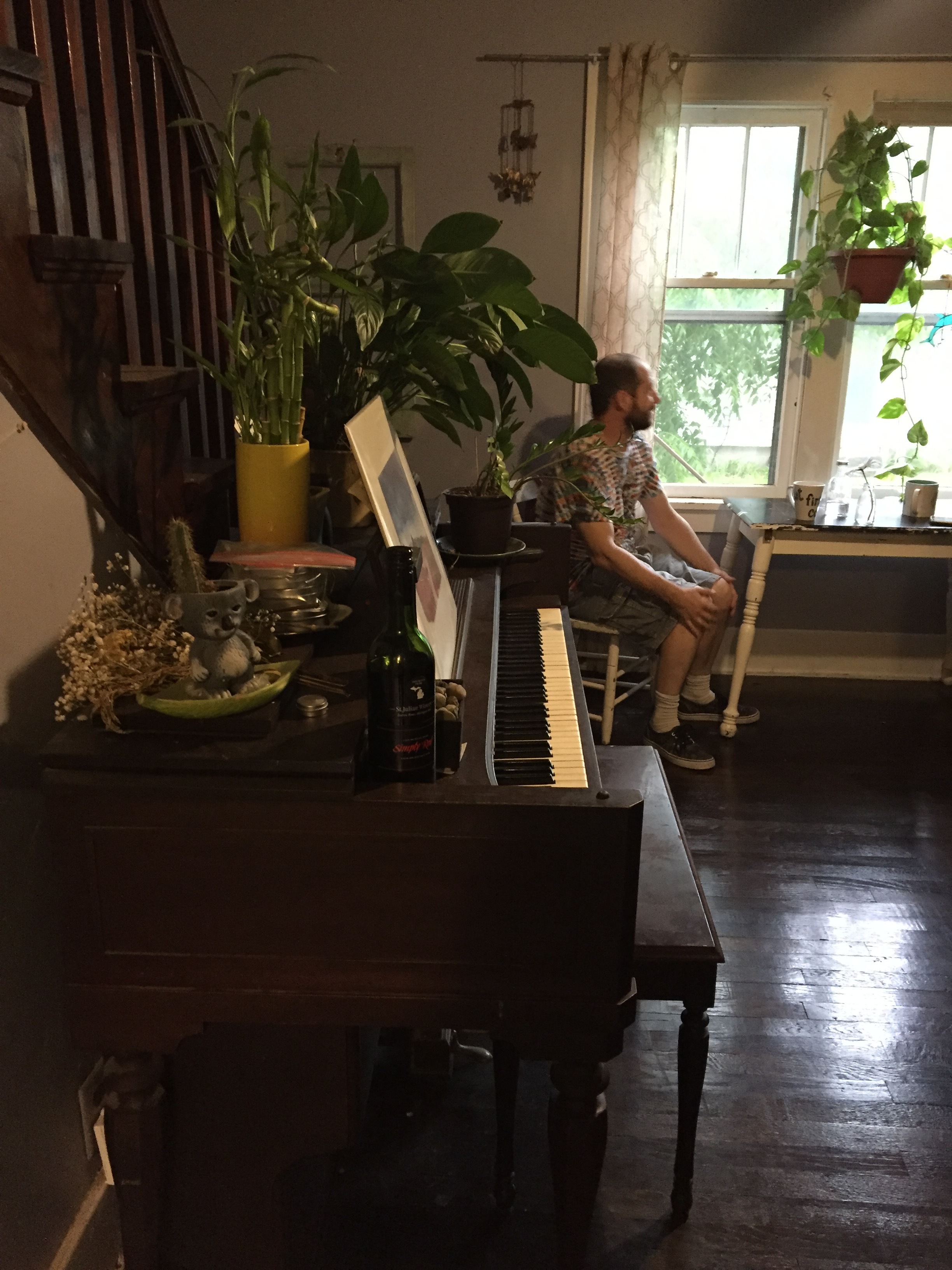 To the right of the piano is a small, but very cute, dining table. She is killin' it with all the plants. LOVE.
