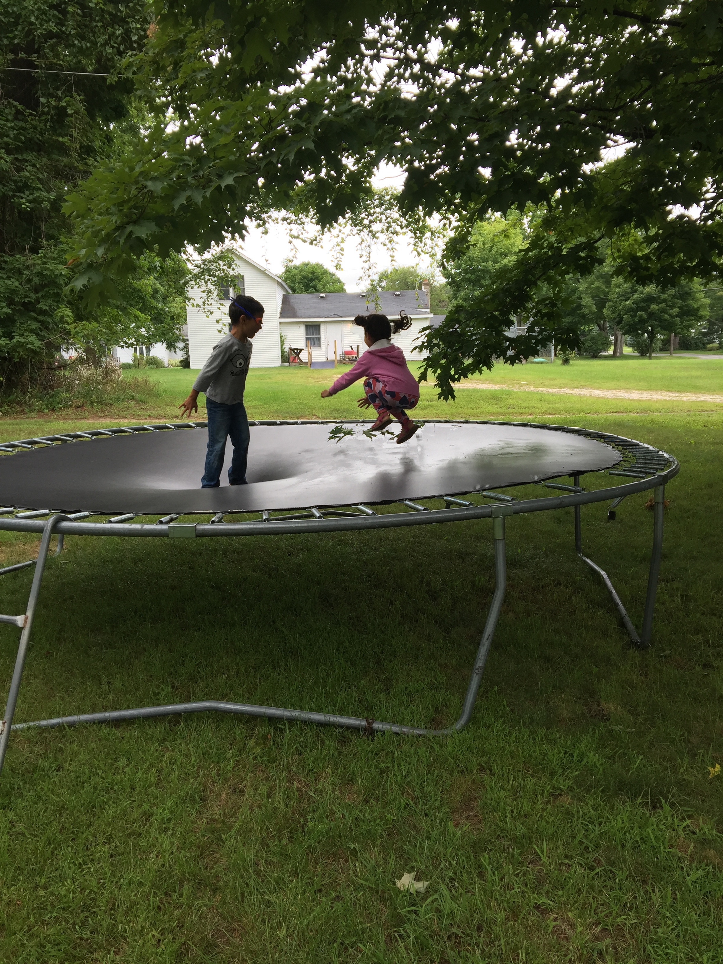 The backyard is wide open and my kids love the trampoline. Why is my son wearing swim goggles on the trampoline? :)