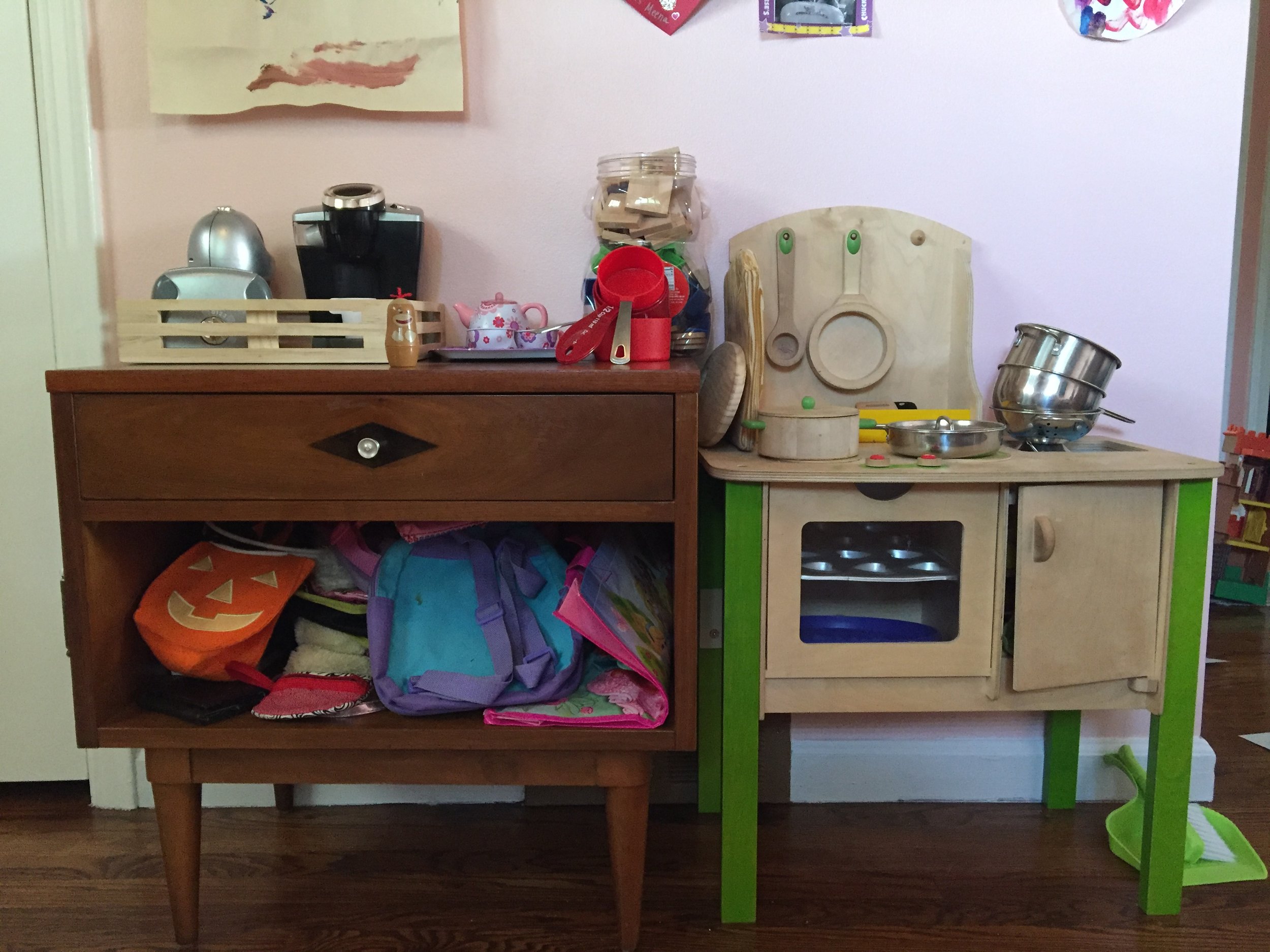 Nightstand: Craigslist; Wood Play Kitchen: Craigslist