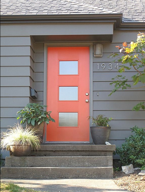 Image Credit: Pinterest Love this mid century mod style door! Plus, that coral is the perfect pop against that dark gray. And...those are the style of house numbers I'm thinking about. AND...cool light. :)