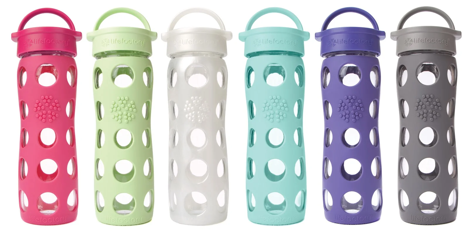 Life Factory glass bottles - Look at the cool rubbery/silicone covers on these.&nbsp; Gives you good grip and a little protection for the glass.&nbsp; But, you have to remember to clean inside those sleeves.