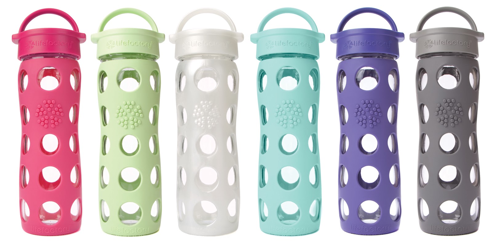 Life Factory glass bottles - Look at the cool rubbery/silicone covers on these. Gives you good grip and a little protection for the glass. But, you have to remember to clean inside those sleeves.