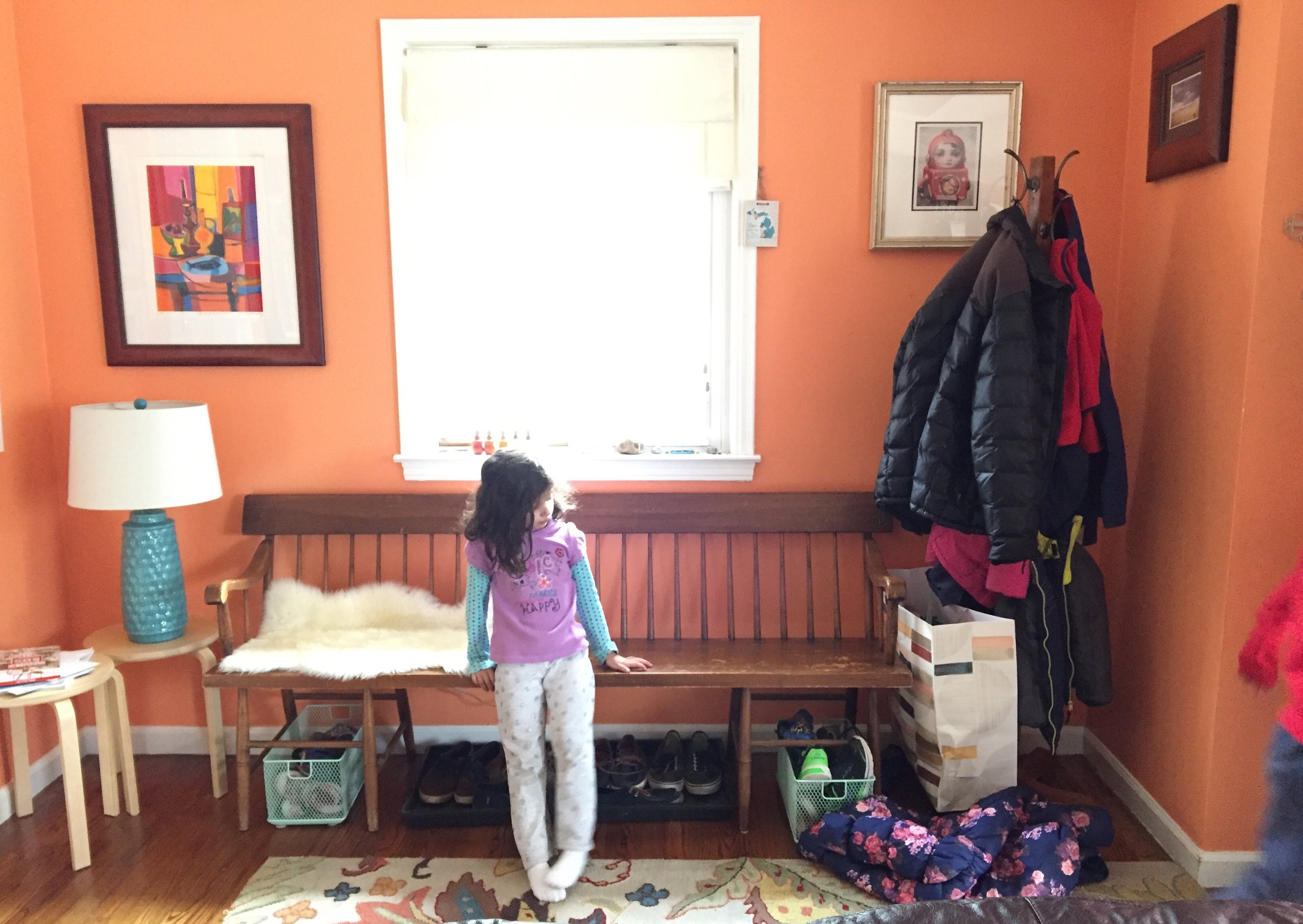 Meena hopes I will go away and not notice that she has not hung up the coat. She decides to wait it out and just stare at the coat. I do not go away and I repeat the request.