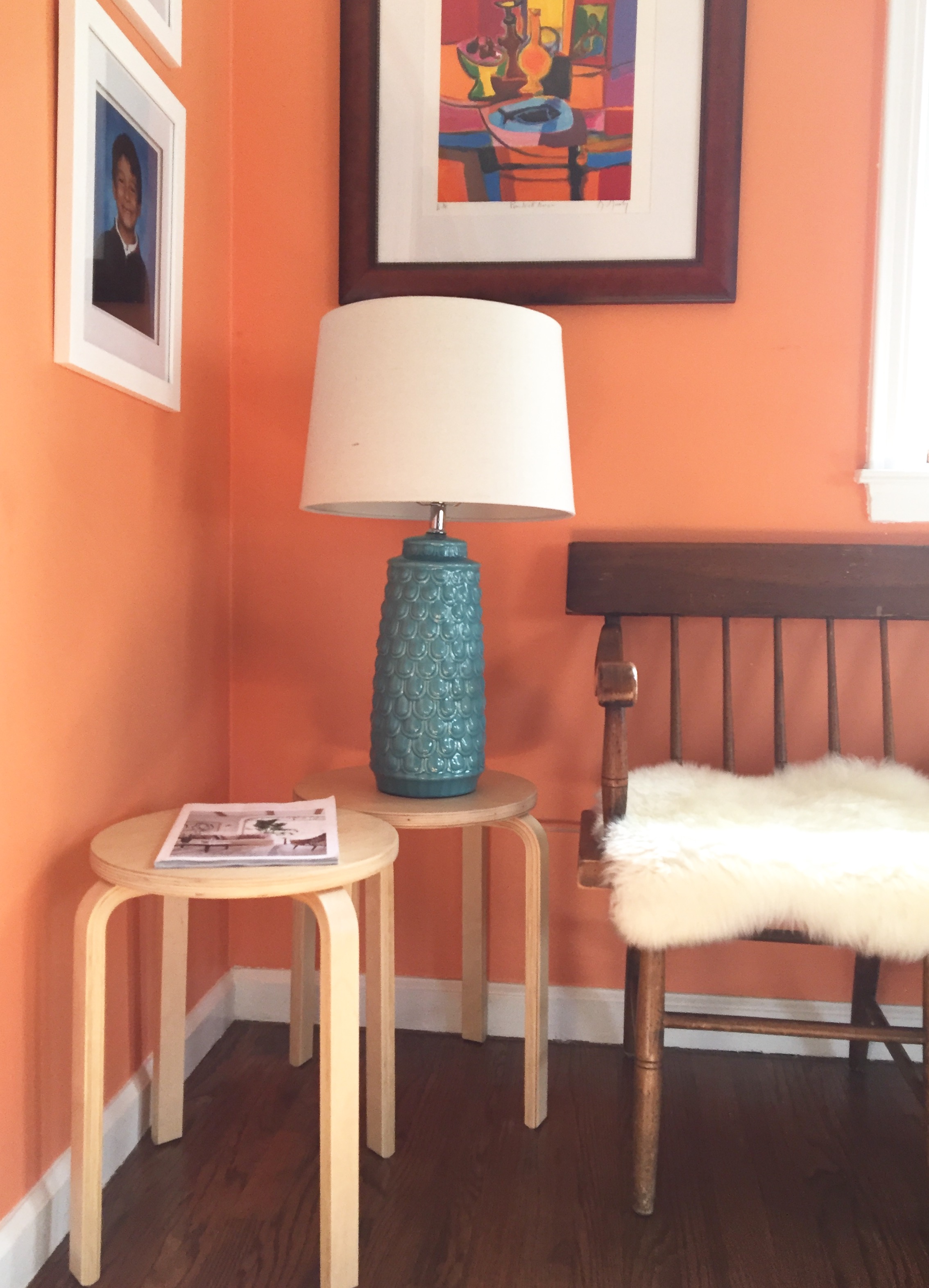 And here's a close-up of the lamp and mail tables, in a world where my only mail is an Anthropologie catalog (and I just lounge around flipping thru it and eating bon-bons - VERY realistic).