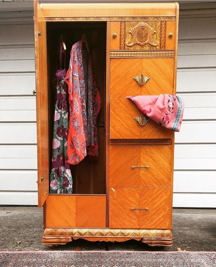 SOLD - Vintage Mid Century Waterfall Armoire with Mirror Door