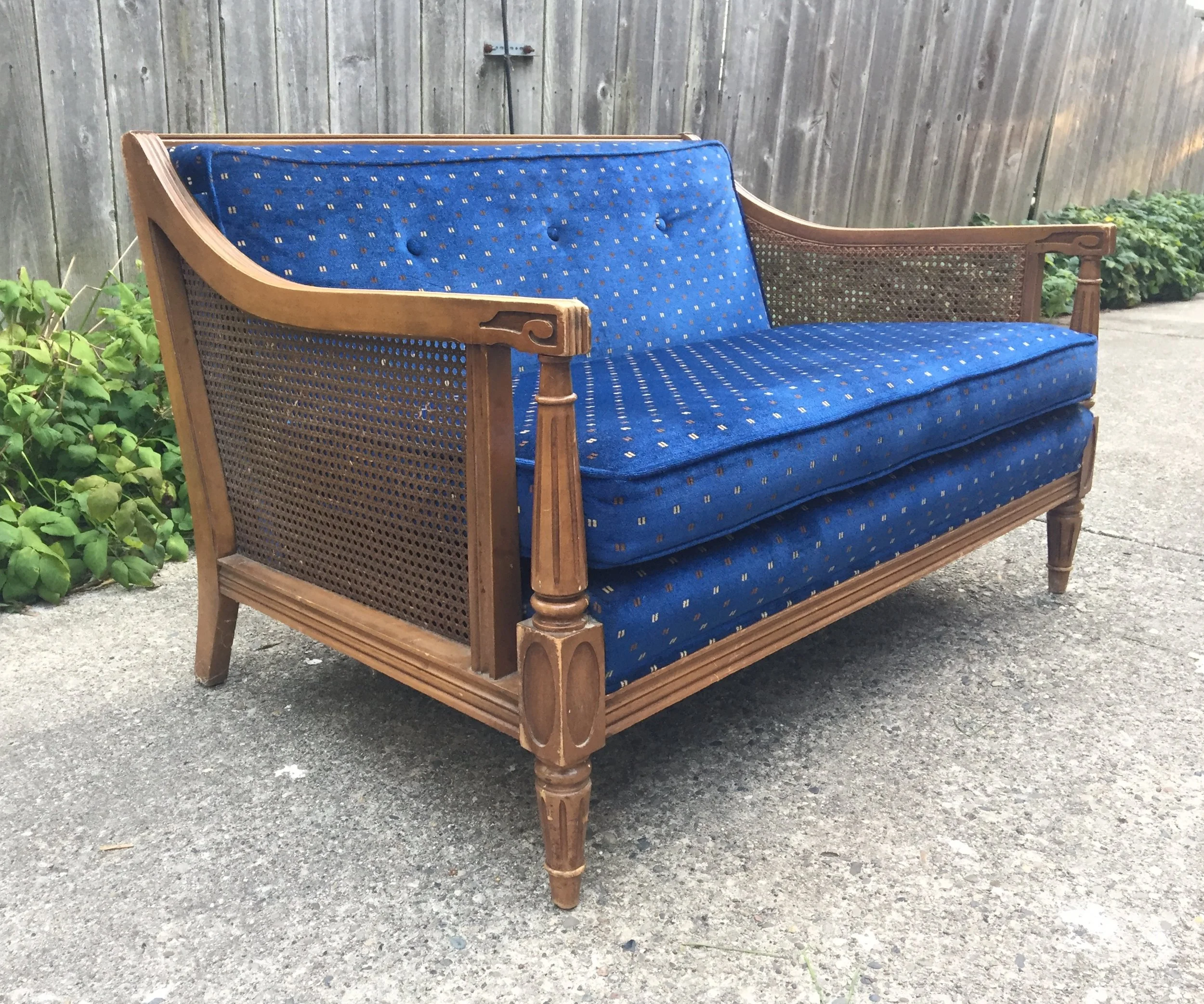 SOLD - Vintage Cane + Wood + Velvet Settee