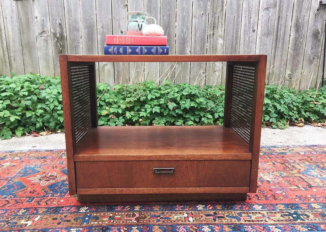 SOLD - Vintage Mid Century Modern Nightstand with Cane Sides